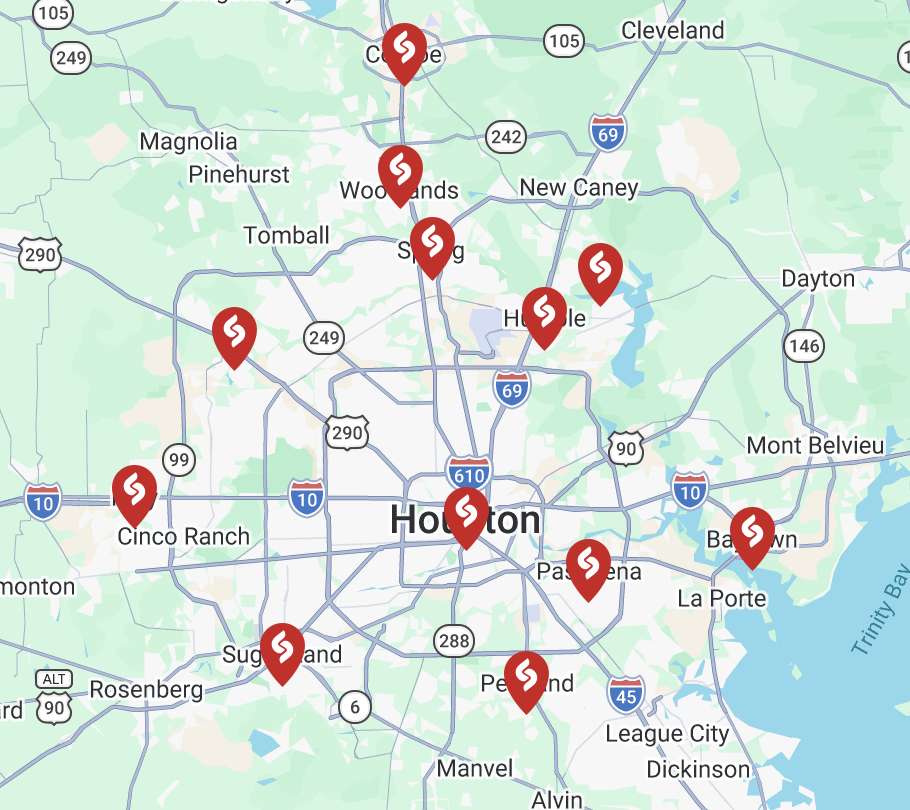 Map of Houston, Texas, with multiple red location markers indicating various sites or points of interest.