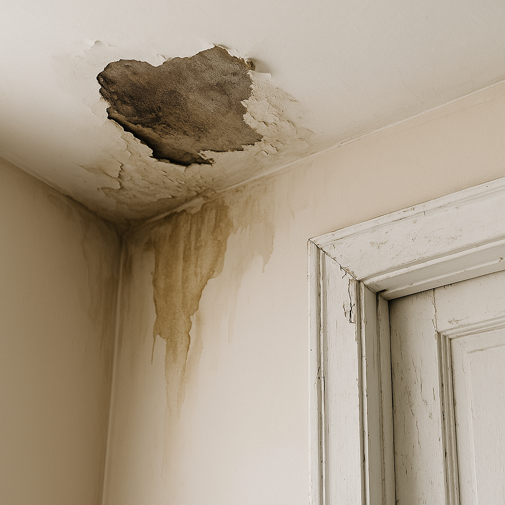 Water damage and mold on ceiling above doorframe.