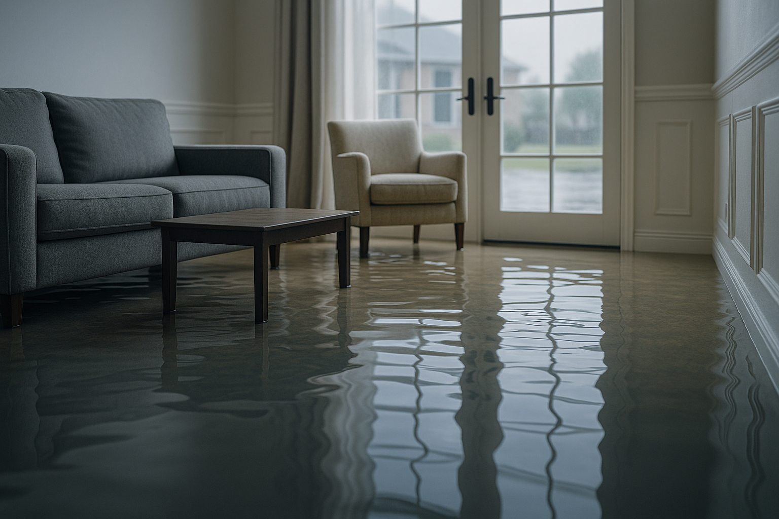 Water damage flooding inside Houston home requiring emergency restoration