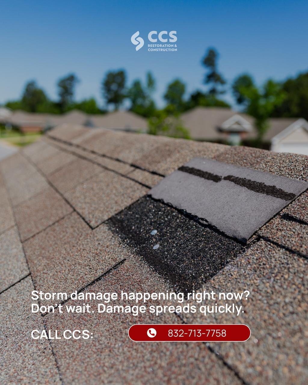 Damaged residential roof requiring emergency restoration service