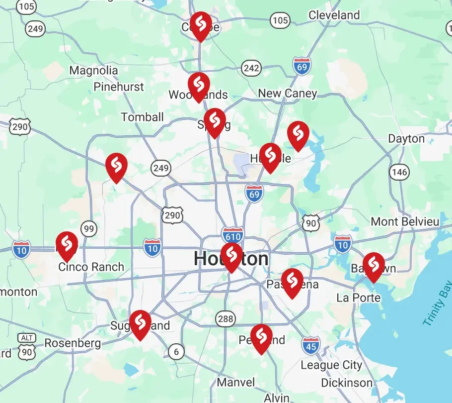 Map of Houston, Texas with multiple red location markers indicating the locations of Starbucks stores in the area.