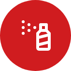 A white spray bottle icon on a red circular background