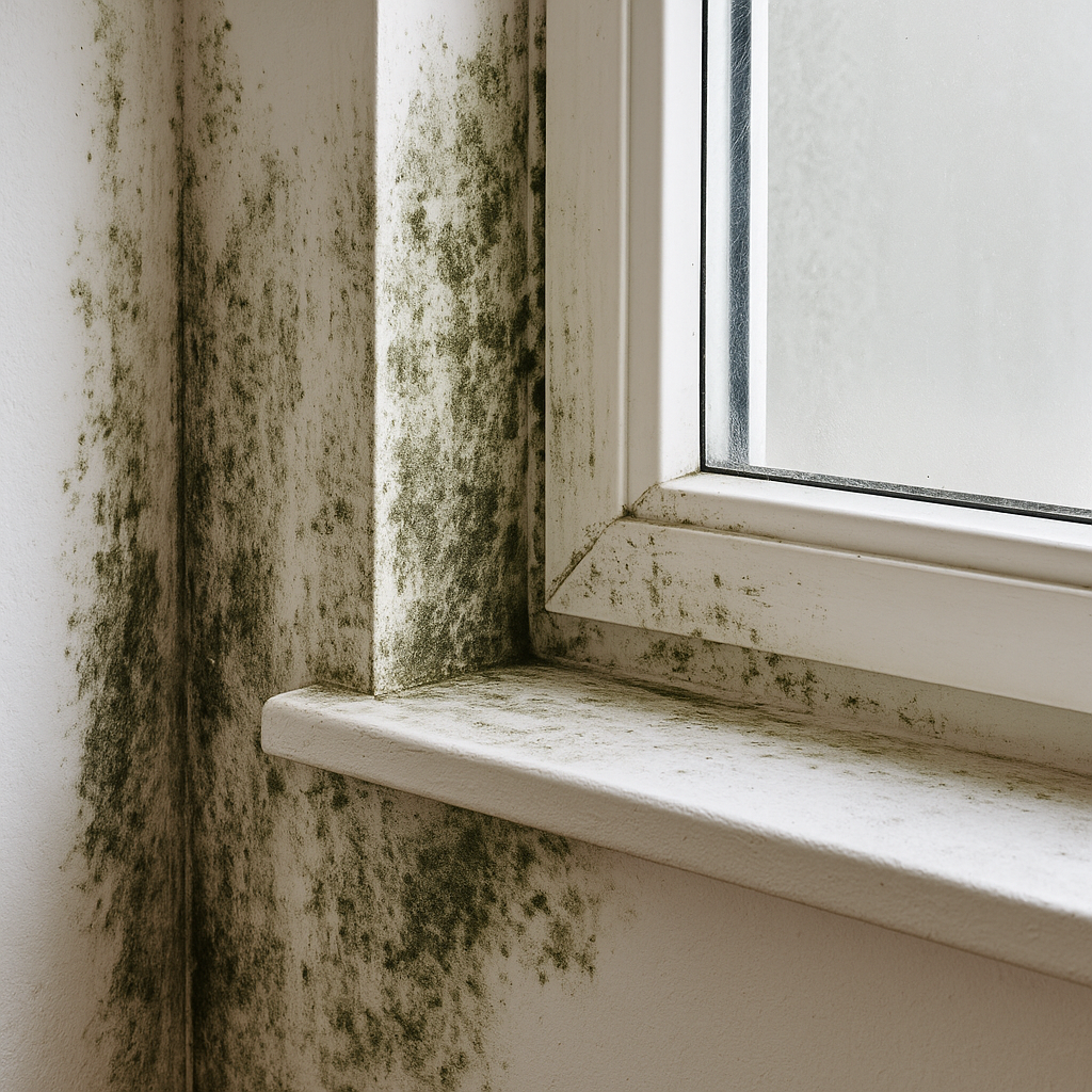 Mold growth on white window sill and adjacent wall inside a house.