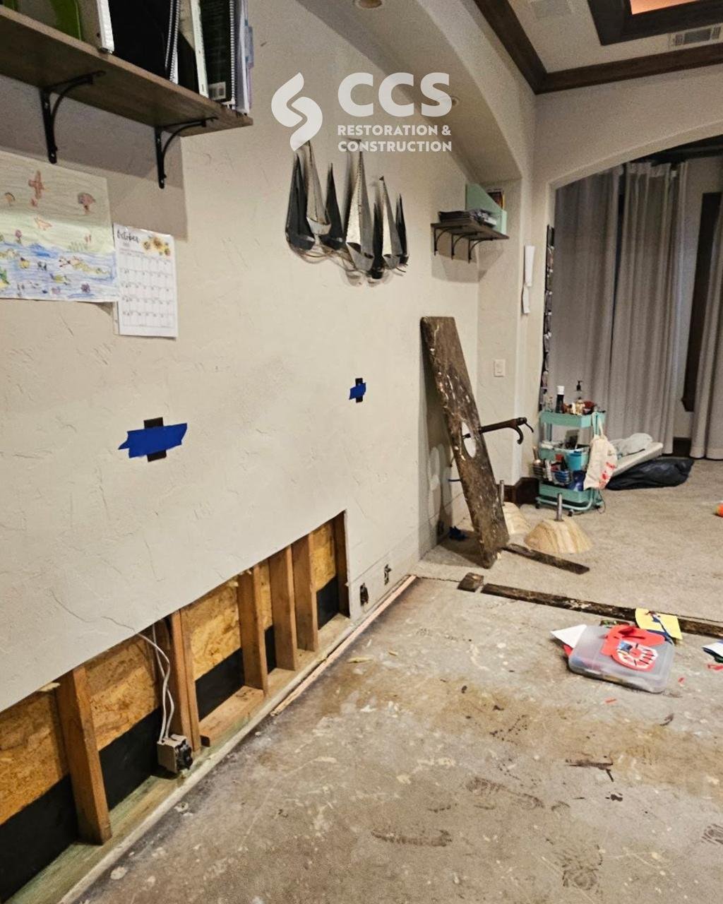 Residential property undergoing emergency restoration after water damage