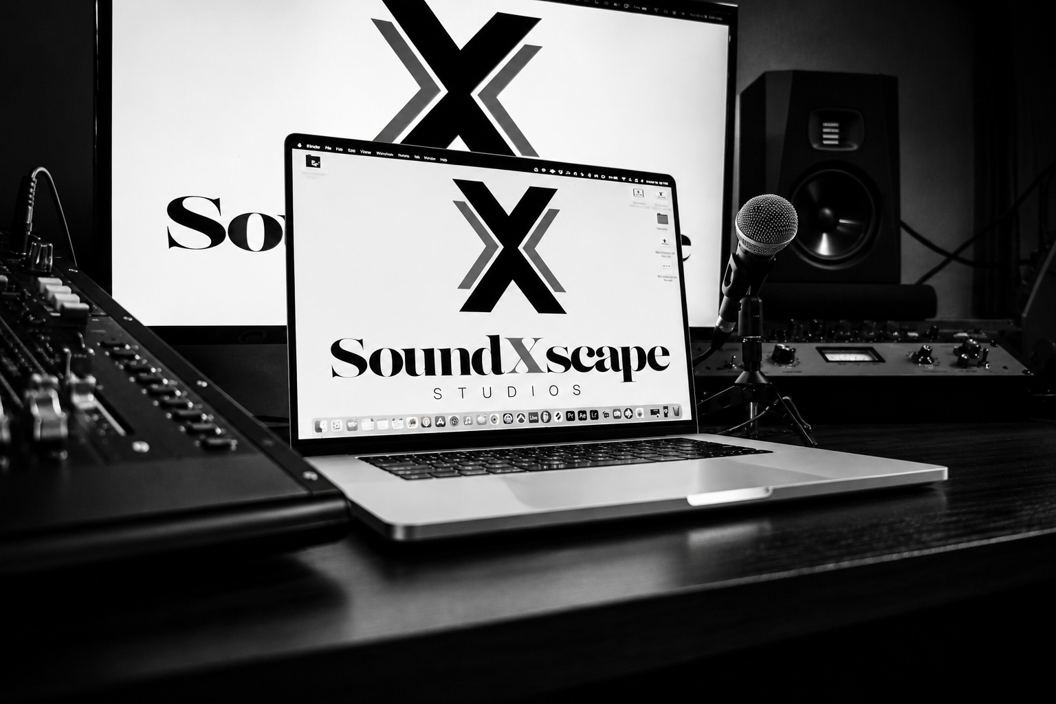 A music studio setup with a laptop displaying 'SoundXscape Studios' logo on the screen, a microphone on a stand, professional audio equipment, a speaker, and a large monitor in the background, all in black and white.