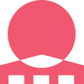 A pink circle above a black smiling mouth with a pink outline.