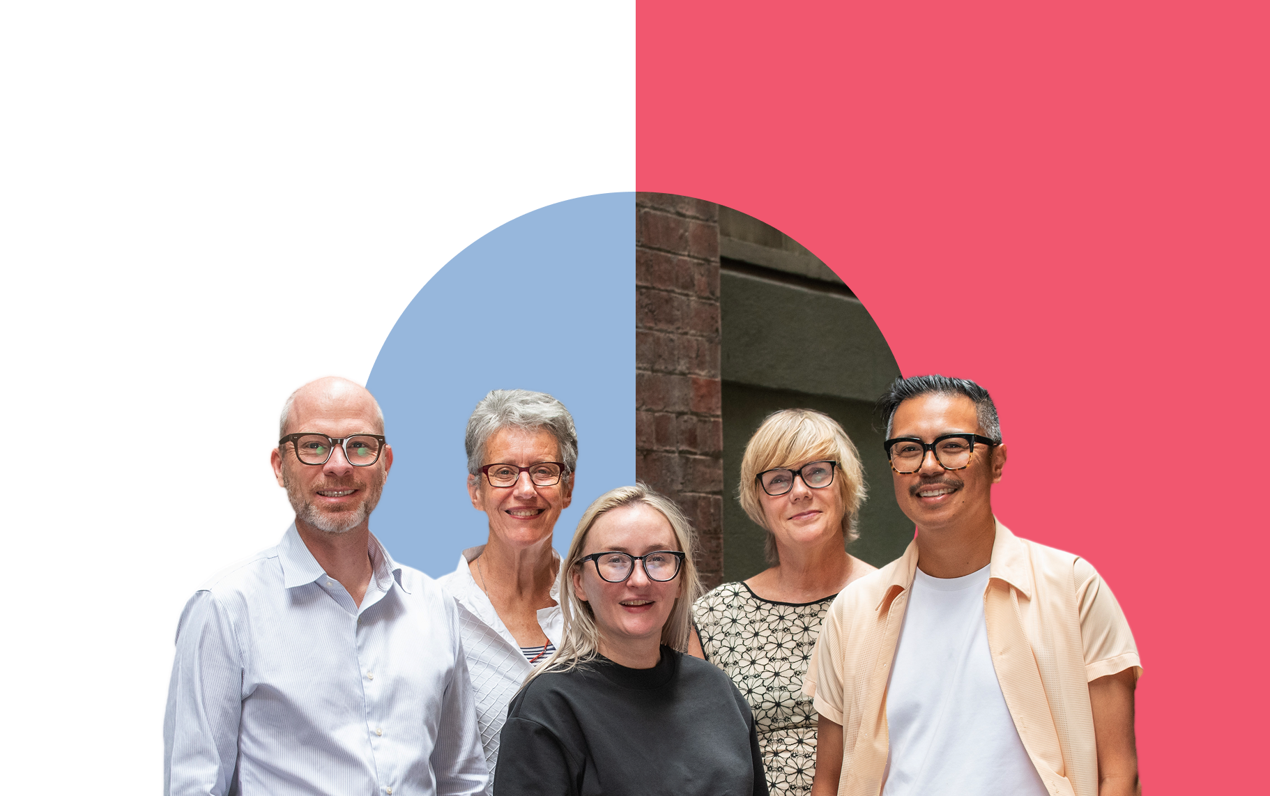 A diverse group of six people, including men and women of different ages and ethnicities, standing outdoors against a background with a blue and pink semi-circle design.