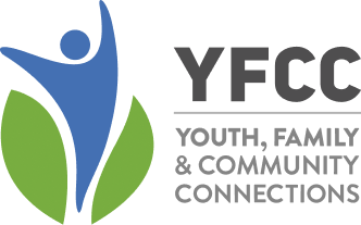 Logo for YFCC, featuring a stylized blue human figure with arms raised, surrounded by green leaf shapes, alongside the text 'YFCC Youth, Family & Community Connections.'
