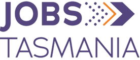 Logo of Jobs Tasmania with purple text and arrow graphic