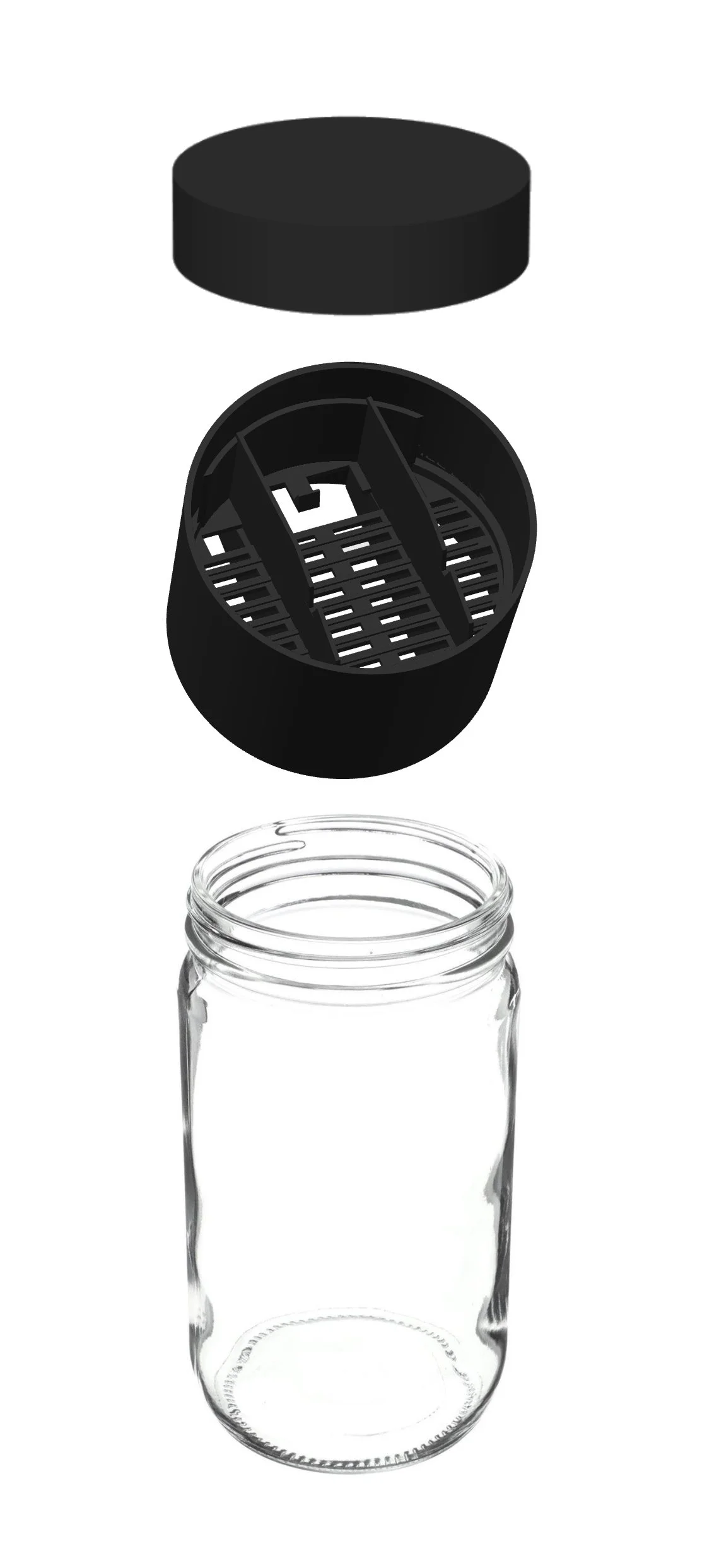Disassembled empty glass jar with black plastic screw-on lid and inner filter component.