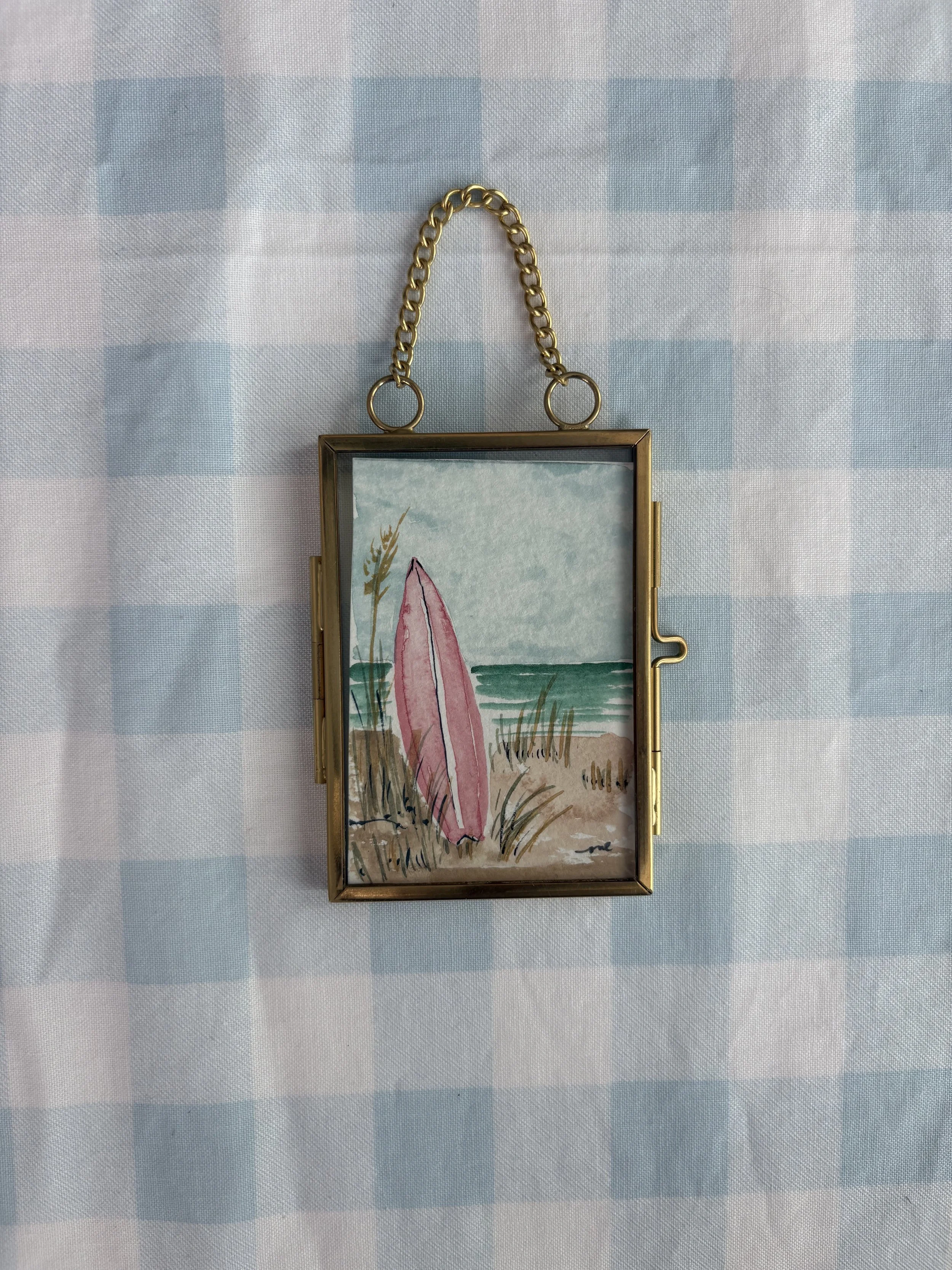 Pink Surfboard Mini — Original Framed Watercolor