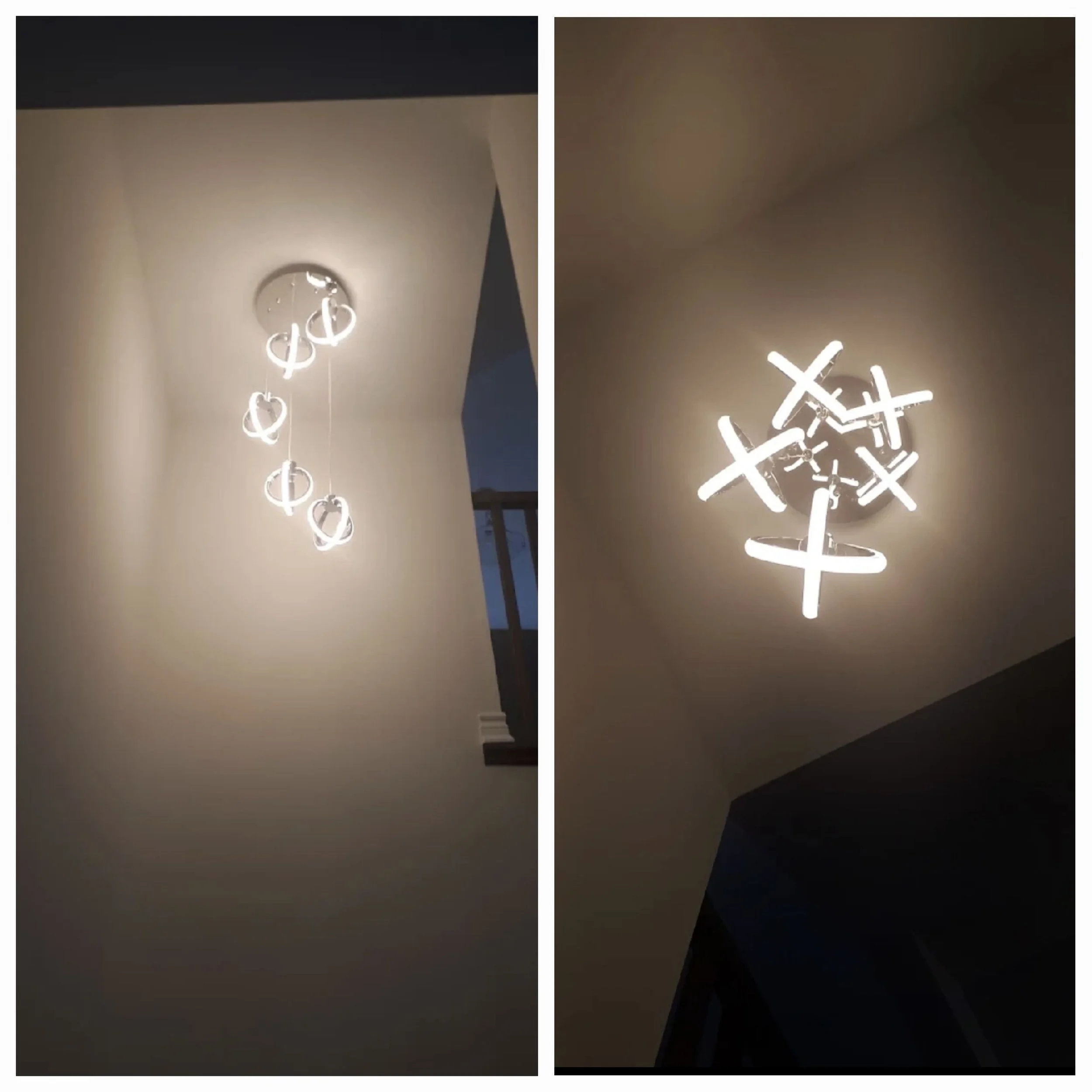 Two modern ceiling light fixtures, one with a chain of five circular and heart-shaped lights, and the other with an arrangement of intersecting linear lights.
