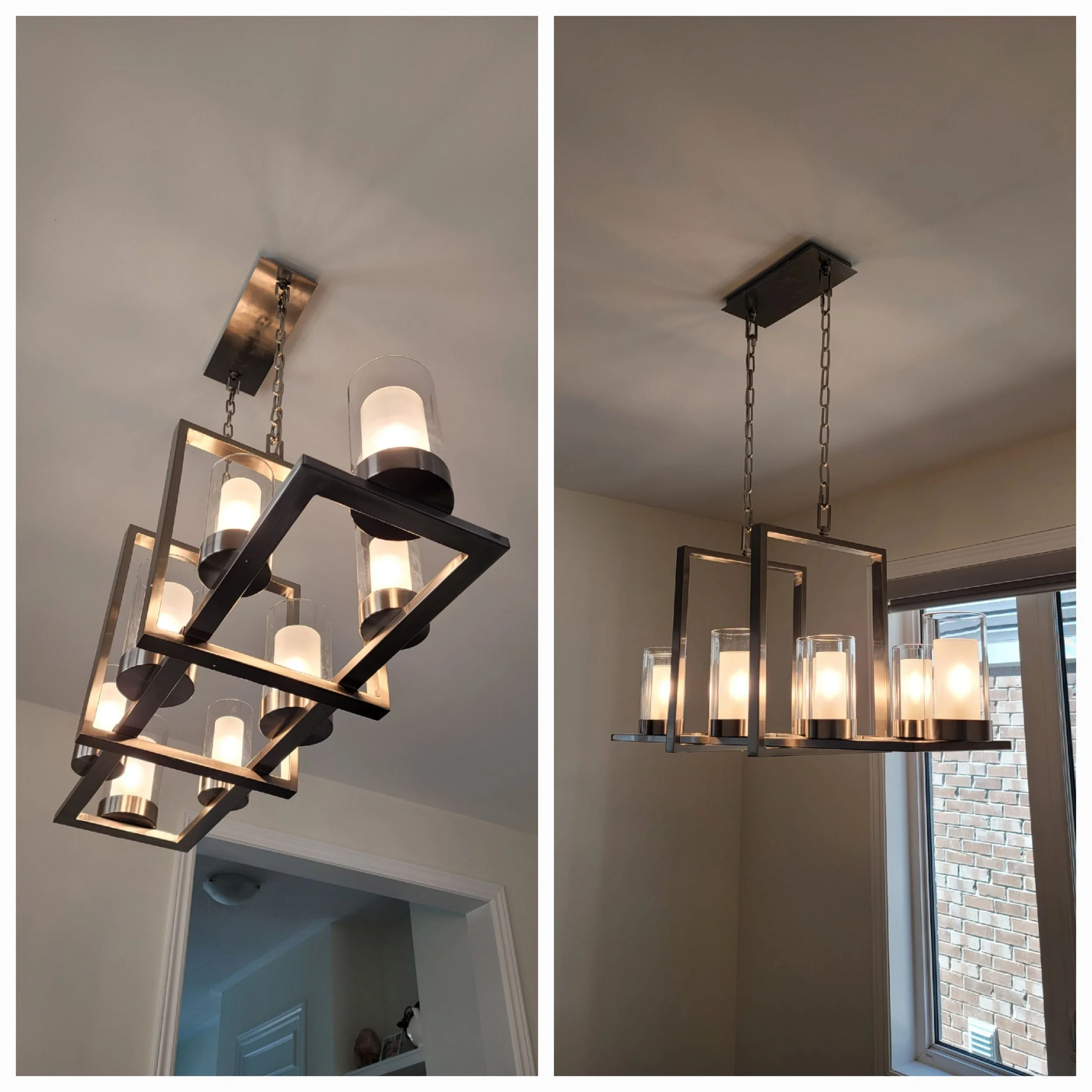 Comparison of two modern chandeliers with chain mounts in interior rooms. The chandelier on the left is rectangular with multiple small lights, while the one on the right is circular with several candle-style lights.