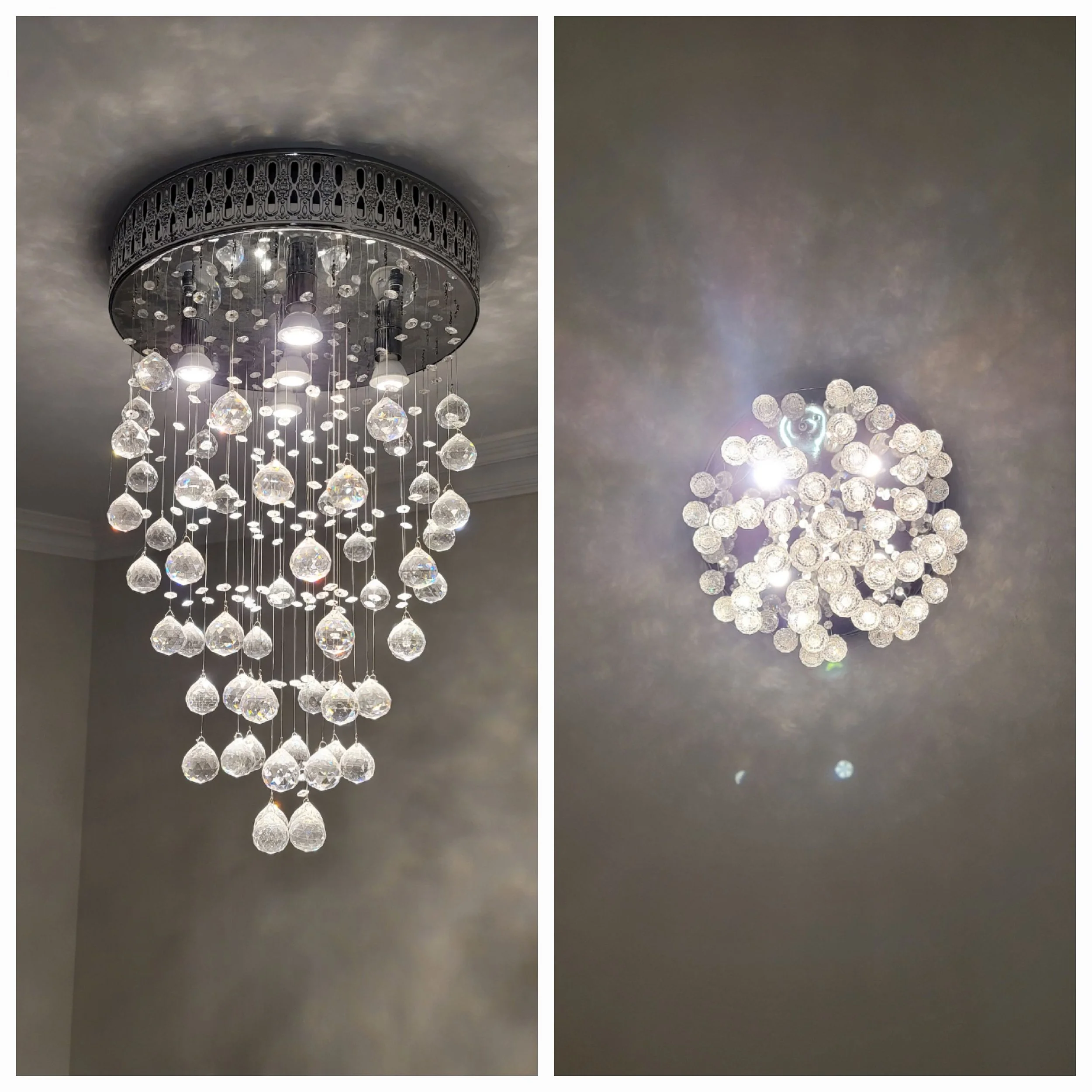 Two ceiling chandeliers made of multiple crystal or glass beads, with lights illuminating the fixtures and casting shadows on the ceiling.