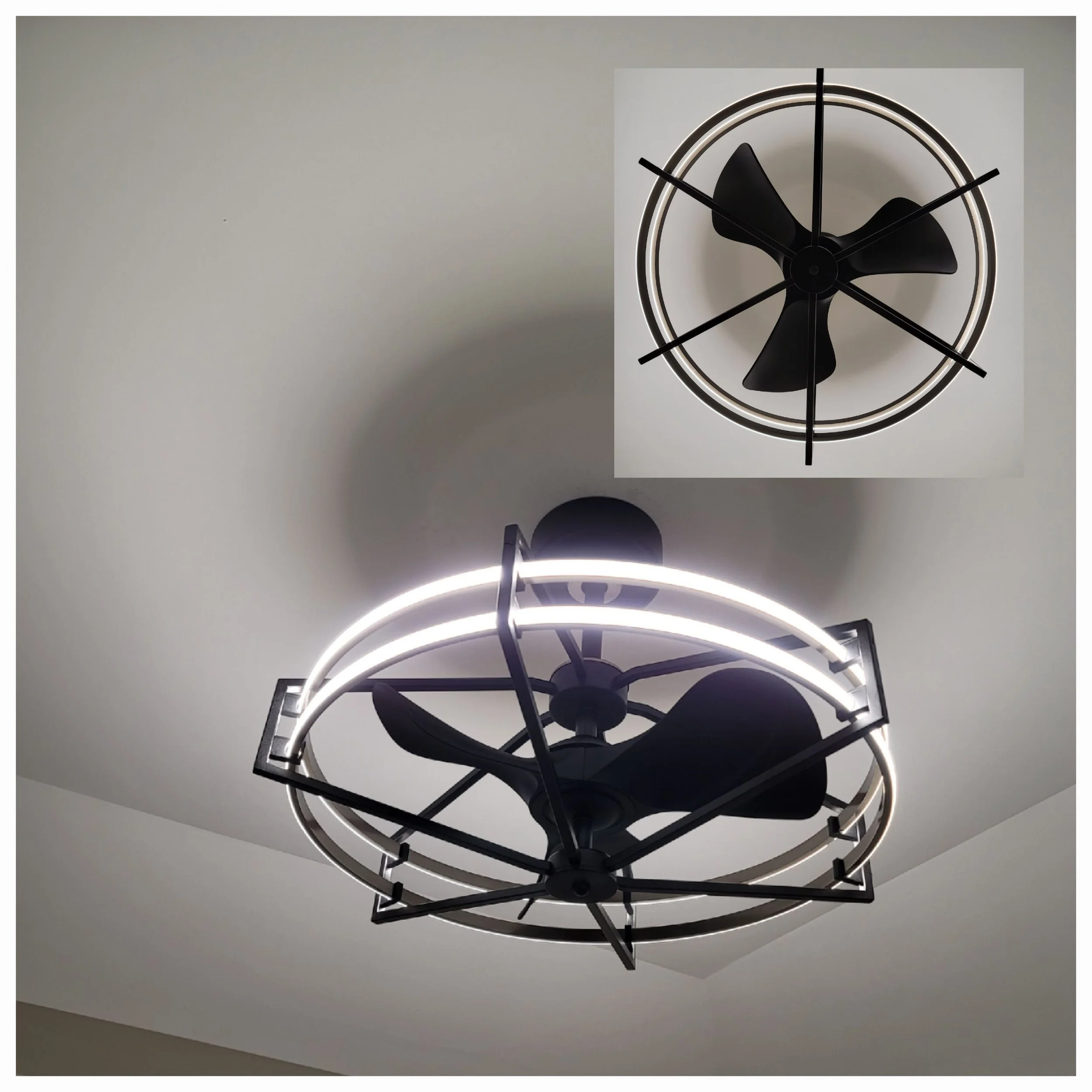 Modern ceiling fan with black blades and circular LED light fixture.