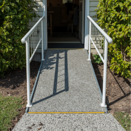 Concrete walkway with white metal railing leading to front door of house, surrounded by bushes.