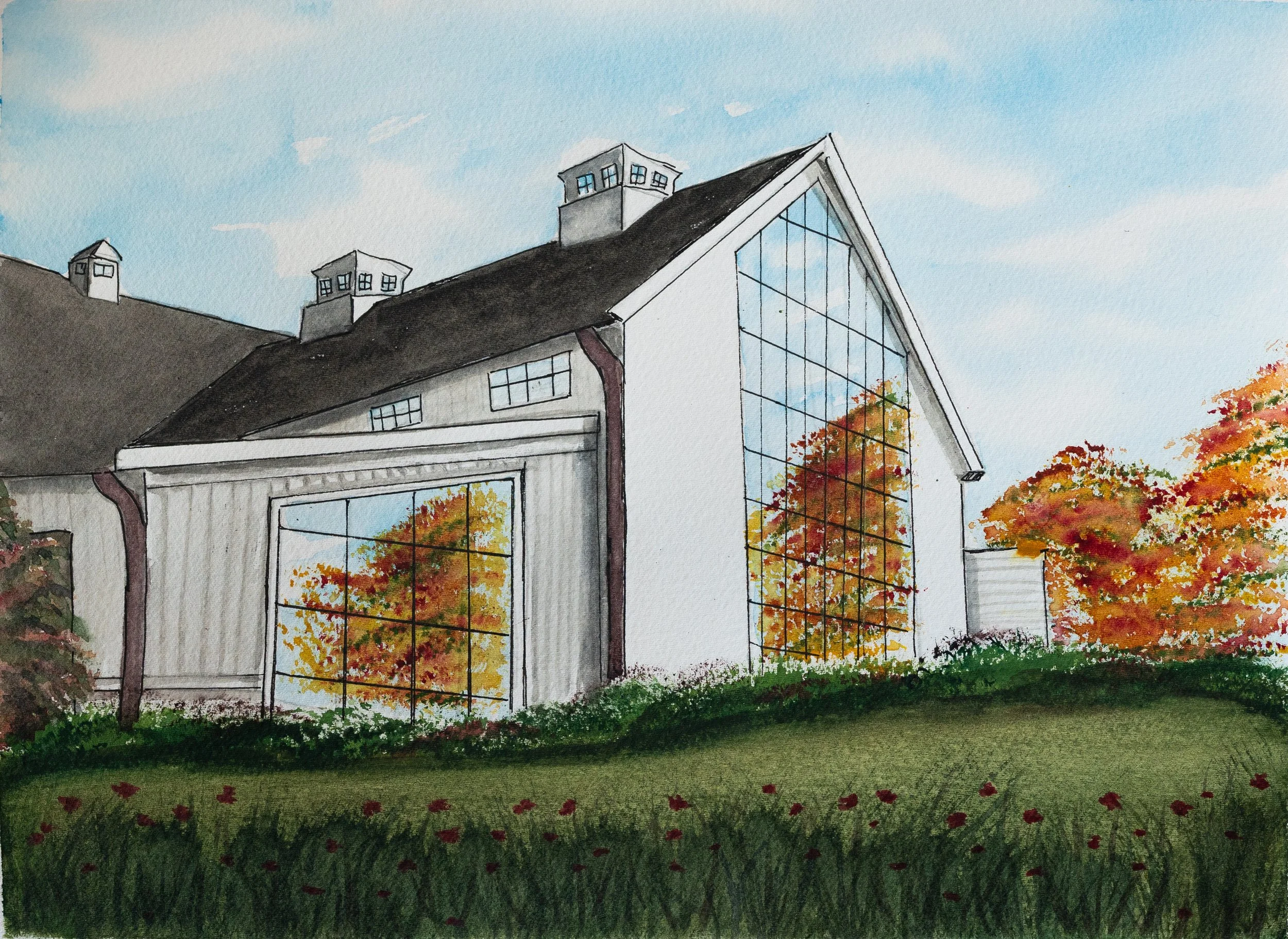 An illustration of a modern house with a high, steep roof, large glass windows reflecting trees with autumn leaves, and a lush green lawn with scattered red leaves. The house has a white exterior with dark gray roofing, small square chimneys, and a prominent large window on the front.