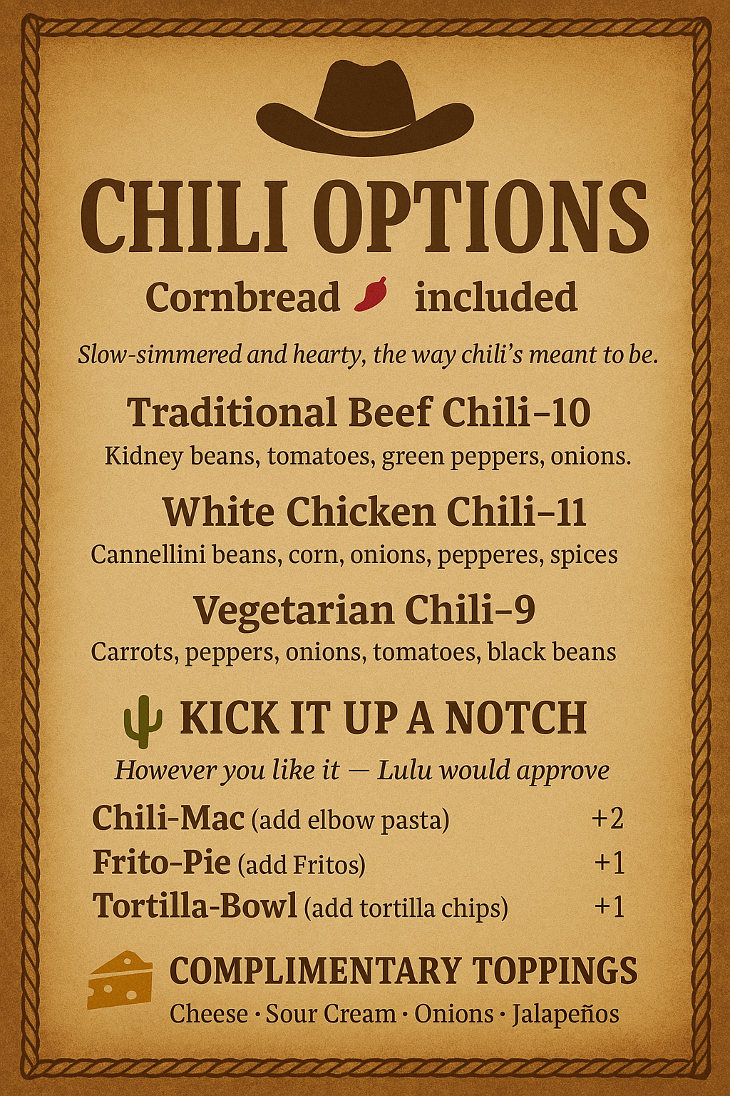 Lulu's Chili Wagon printed menu showing chili options and toppings