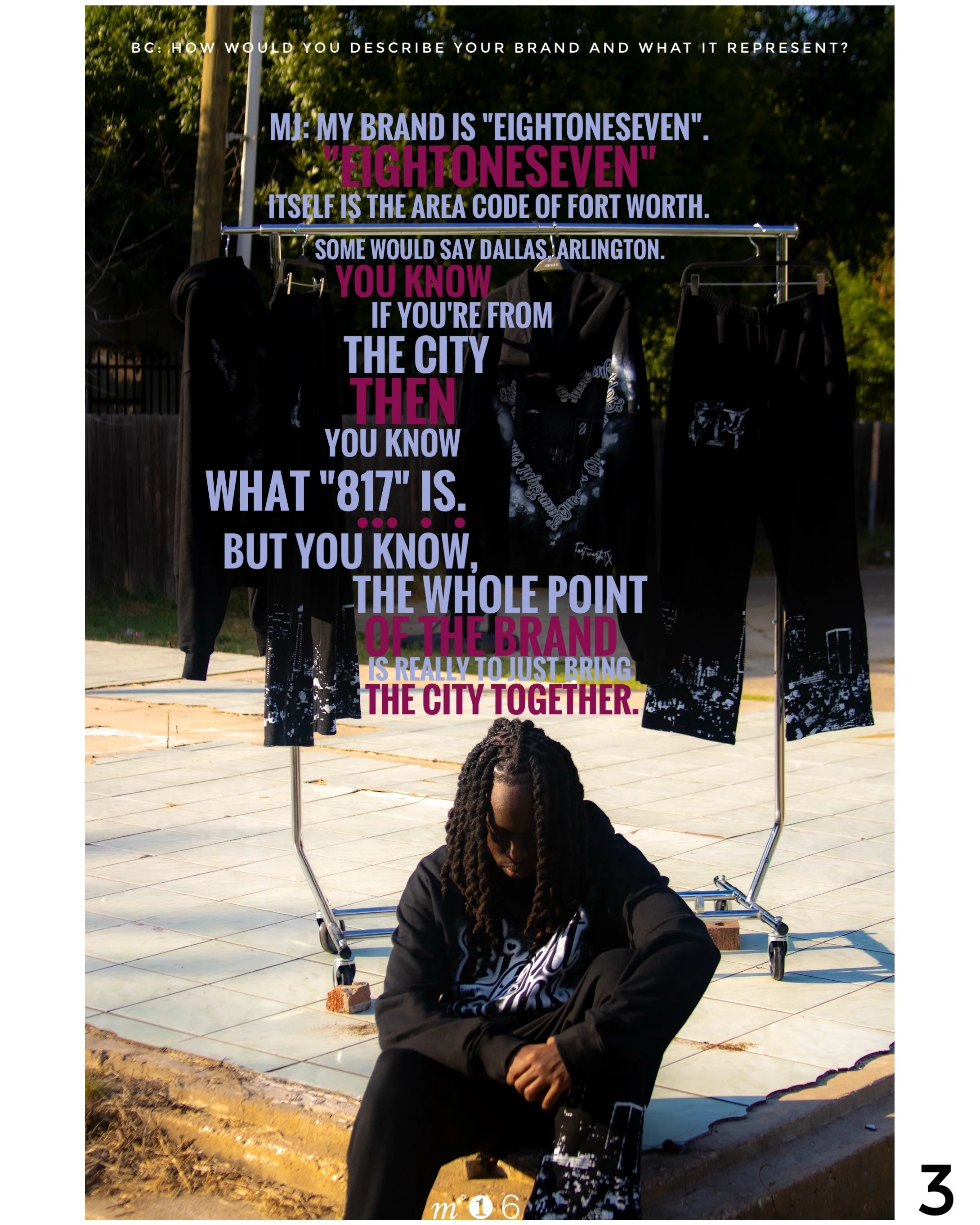 A person with long braided hair sitting on a sidewalk in front of a clothing rack with black apparel outdoors during daytime. Overlaid text discusses the significance of the number 817 and the city of Fort Worth, Texas.