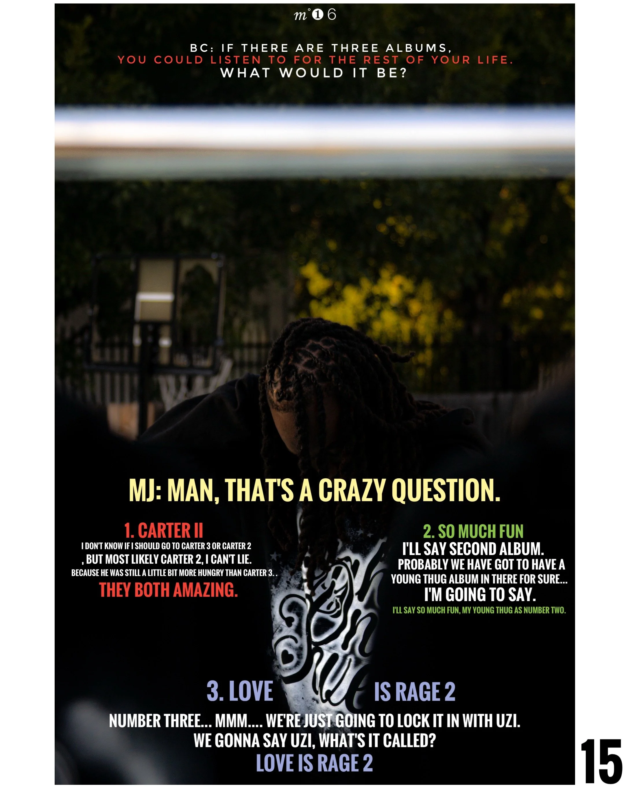 A humorous magazine or book page featuring a person with dreadlocks in an outdoor setting. The page presents a fictional dialogue about music albums, including phrases like 'Carter II,' 'So Much Fun,' and 'Love Is Rage 2,' with comedic text and a sma