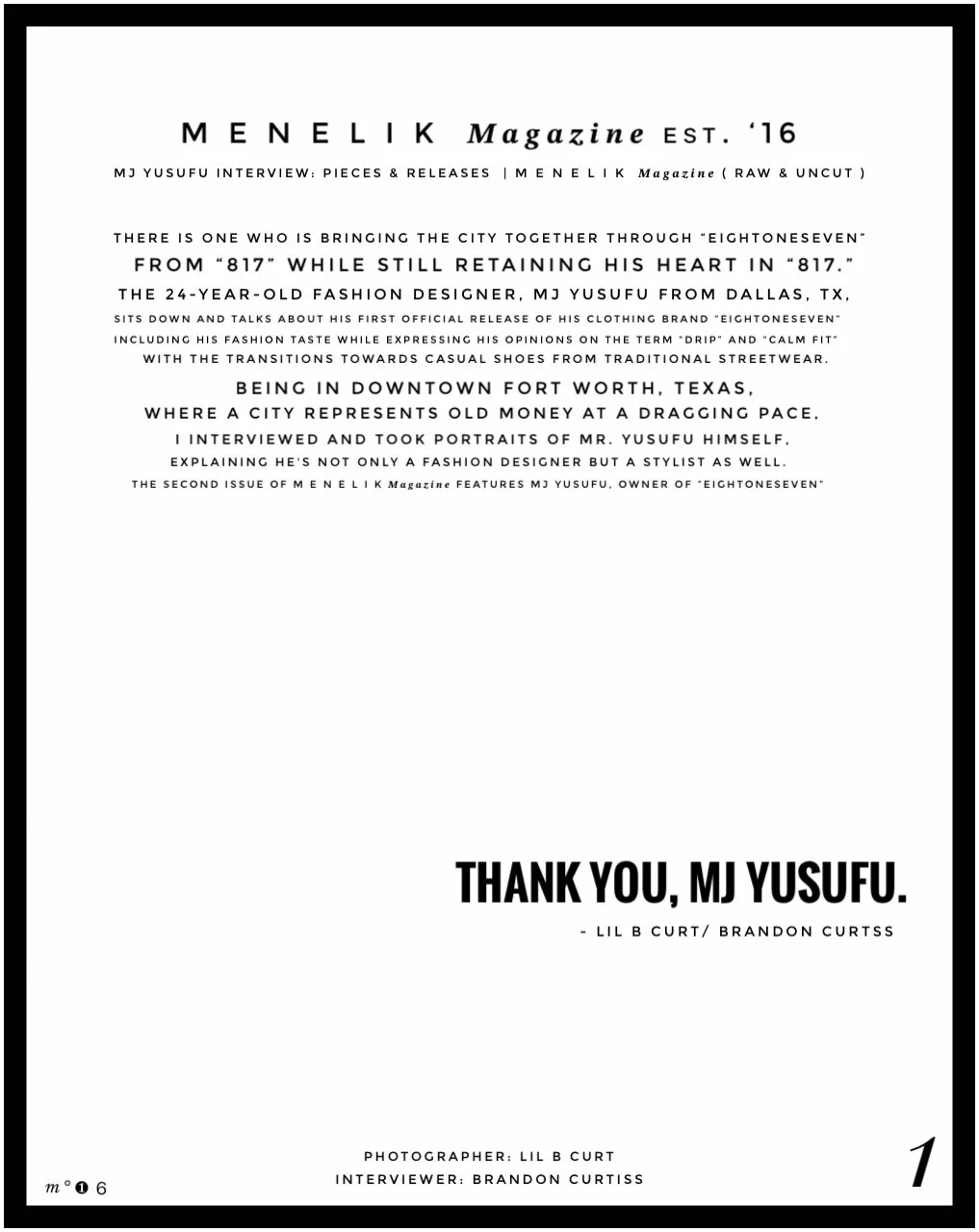 Page from Menelik Magazine featuring an interview with fashion designer MJ Yusufu, portrait photographs, and a thank you note.