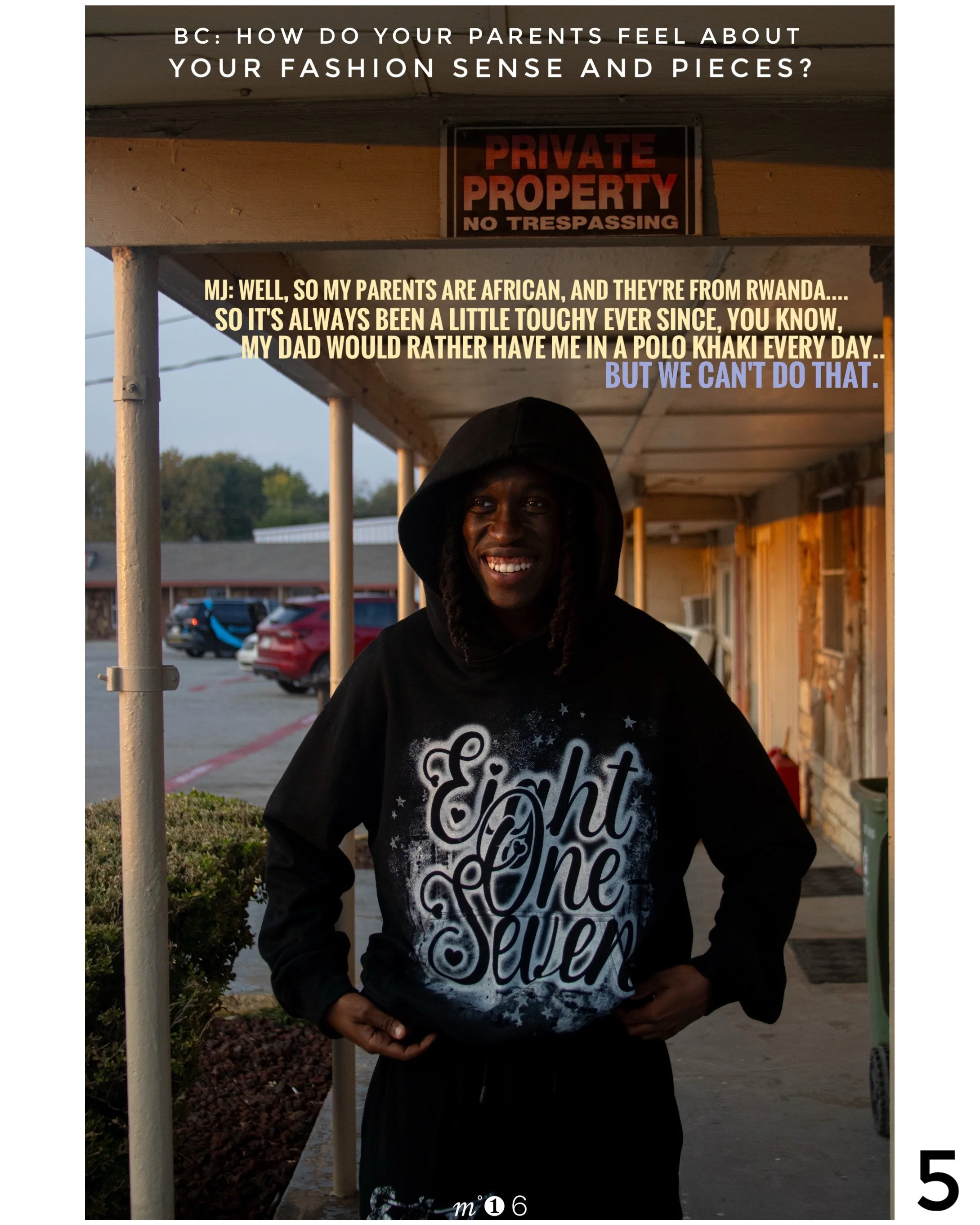 A young man standing outdoors in front of a building, wearing a black hoodie and a sweatshirt with 'Eight One Seven' written on it. There is a parking lot with cars behind him, and a sign reading 'Private Property No Trespassing' is visible above.