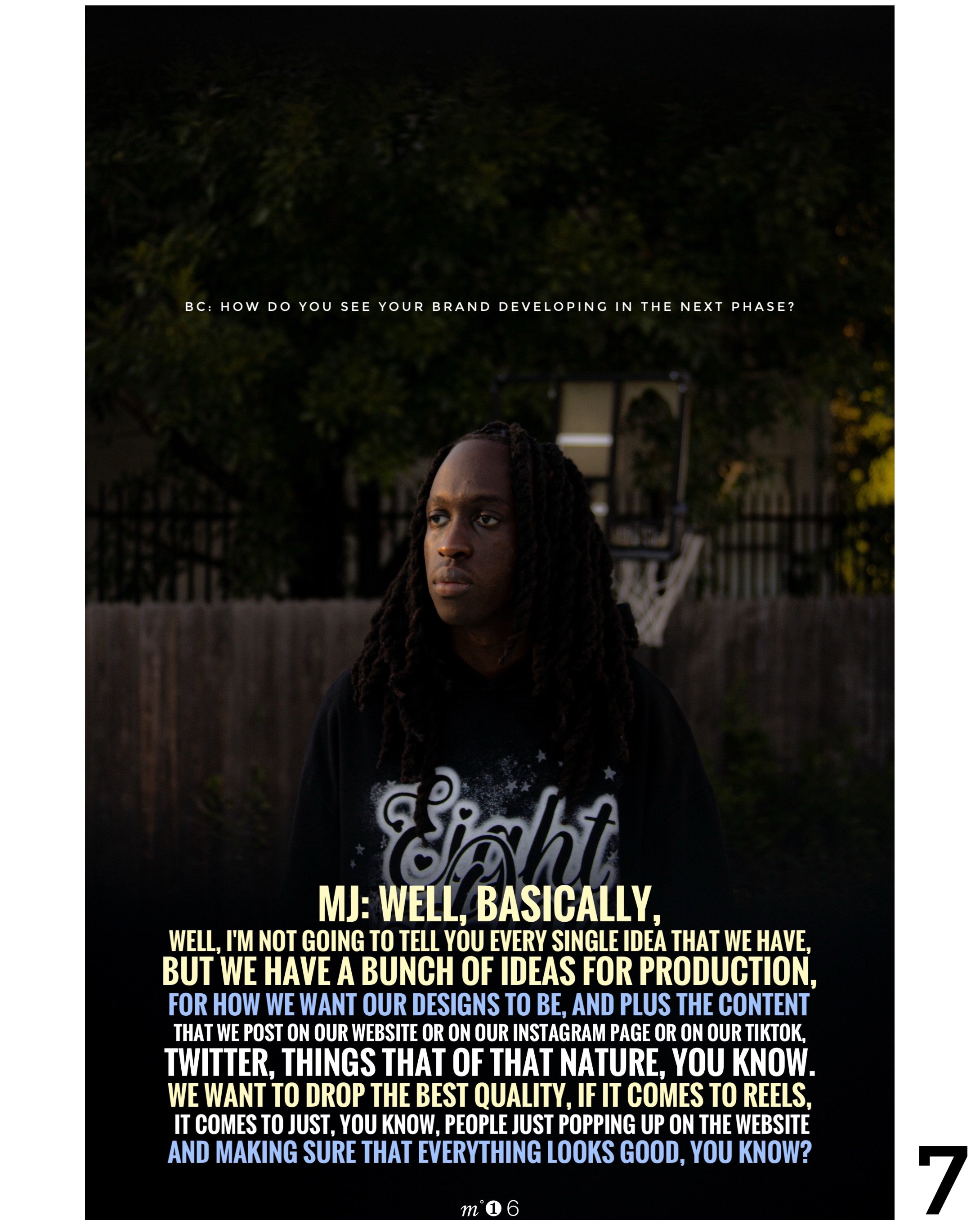 A person with long dreadlocks standing outdoors at dusk with a basketball hoop in the background. Text overlay discusses brand development, ideas, content, and quality of reels.