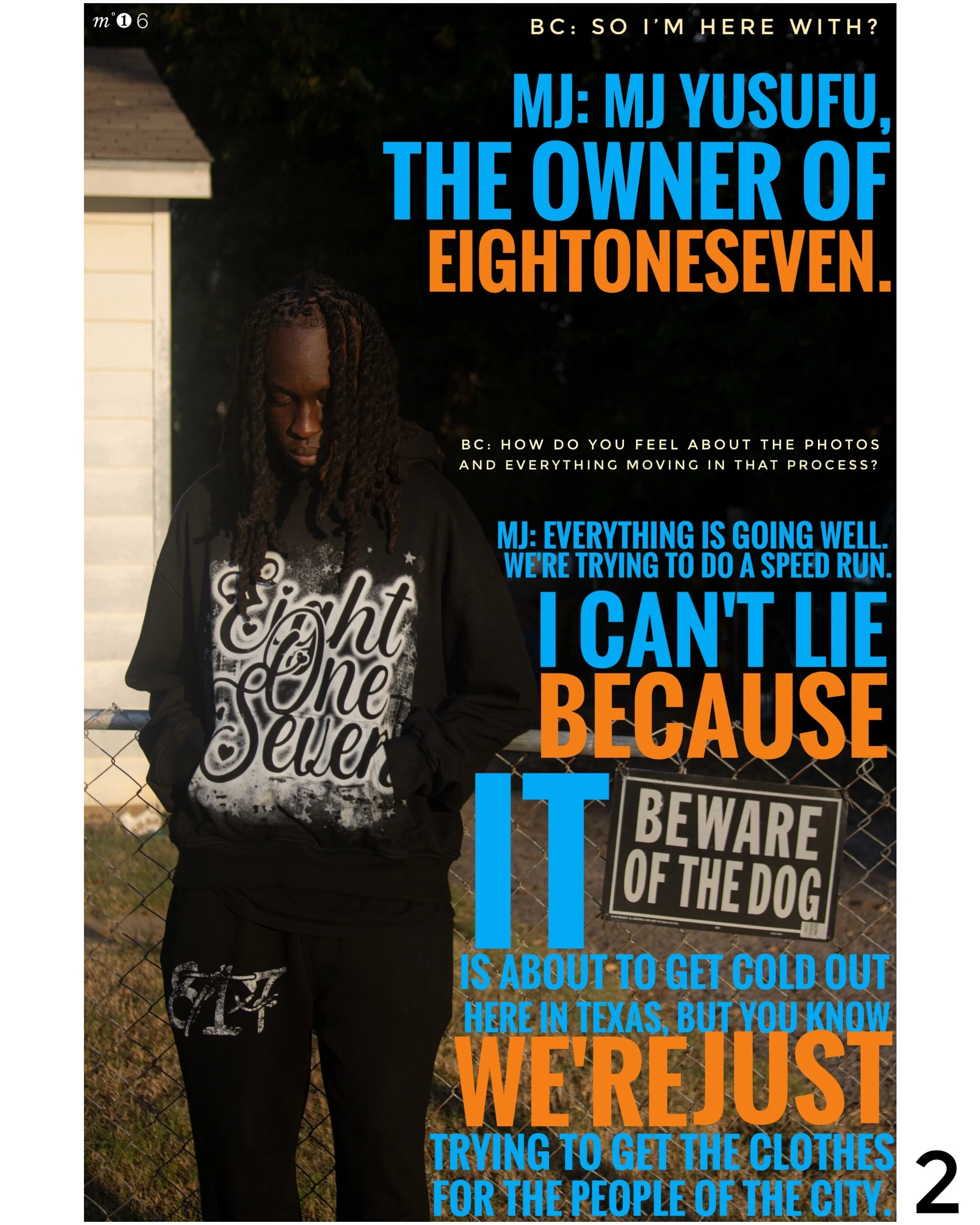 A young man with dreadlocks, wearing a black hoodie and sweatpants, stands outside in front of a chain-link fence with a sign that reads 'BEWARE OF THE DOG.' Overlayed on the image is a text conversation with colorful captions discussing feelings abo