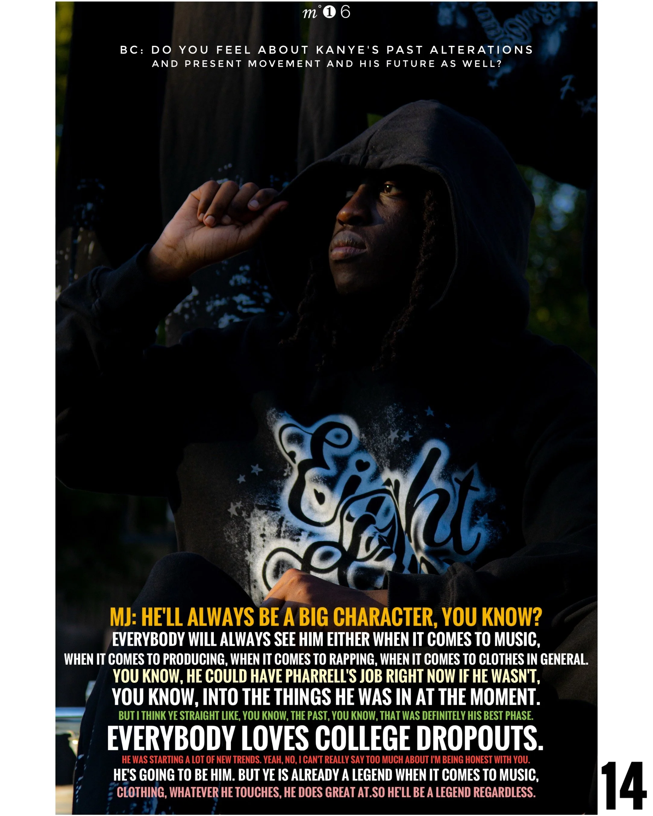 A young man wearing a black hoodie and a sweatshirt with graffiti-like lettering, sitting outdoors with trees in the background during sunset or twilight. The image includes overlaid text of a conversation about Kanye West's past and present, featuri