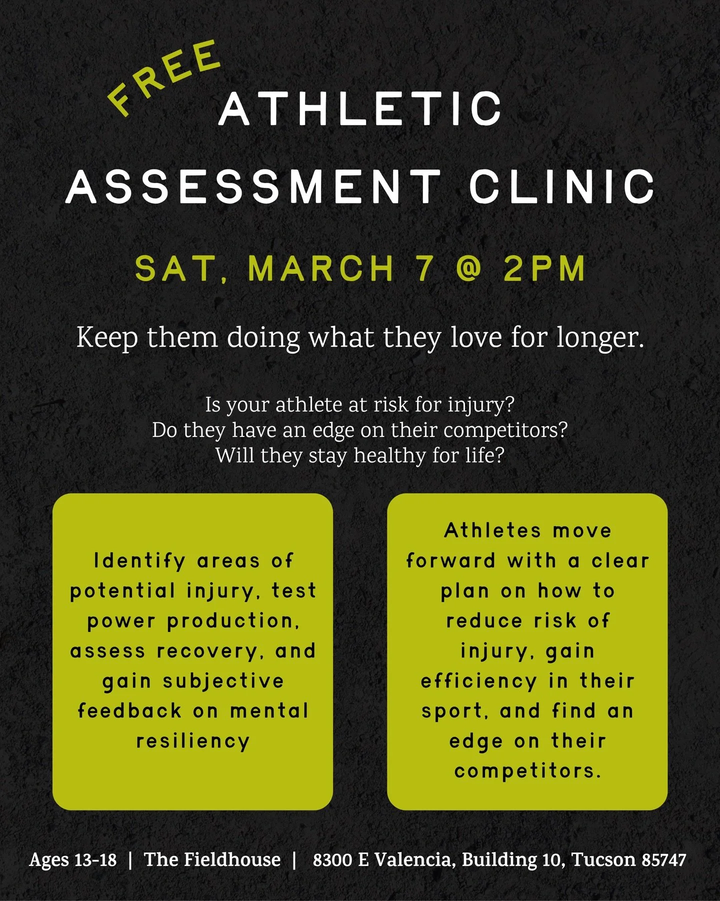 Repeatable tests, clear results.

Athletes test power, recovery, mental resiliency, and risk of injury. 

Parents and coaches will leave with a clear &ldquo;report card&rdquo; with digestible insight into:
- Movement integrity 
- Power output 
- Effi