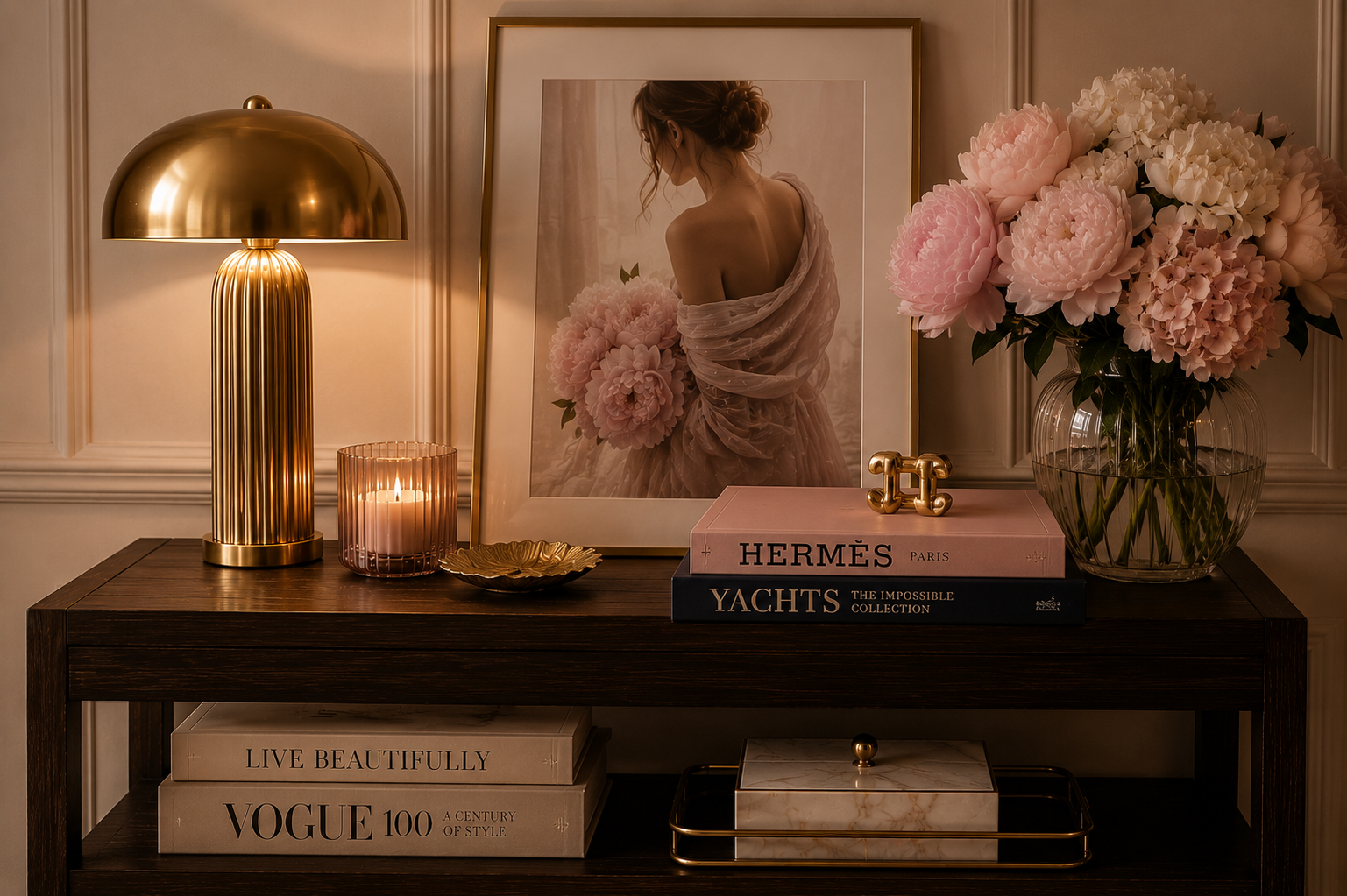 Luxury interior styling featuring an elegant console table with designer décor, gold lighting, pink peonies, fashion books, artwork, and carefully curated accessories.