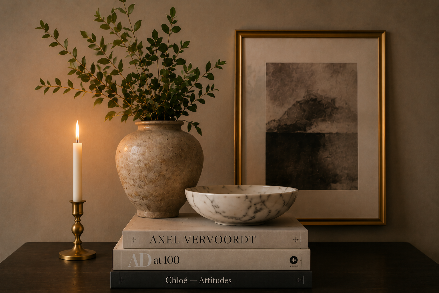 Luxury interior styling featuring decorative shelves with designer accessories, marble décor, candles, books, framed artwork, and greenery in a warm modern interior.