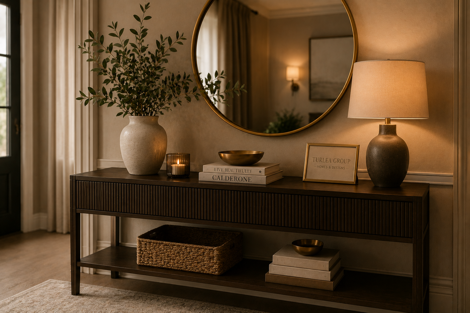 A dark wooden sideboard with a large mirror above it, decorated with a potted plant, candles, books, a bowl, and a table lamp. Reflection in the mirror shows a room with framed pictures and wall sconces.