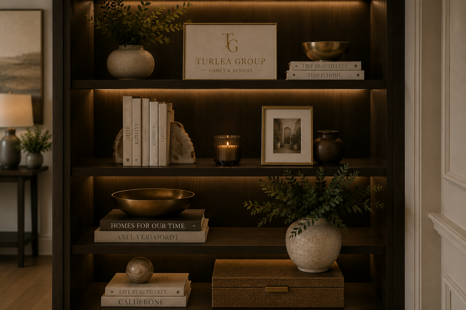 A dark wooden bookshelf with decorative objects, framed art, books, a candle, and a potted plant, illuminated by built-in backlighting.