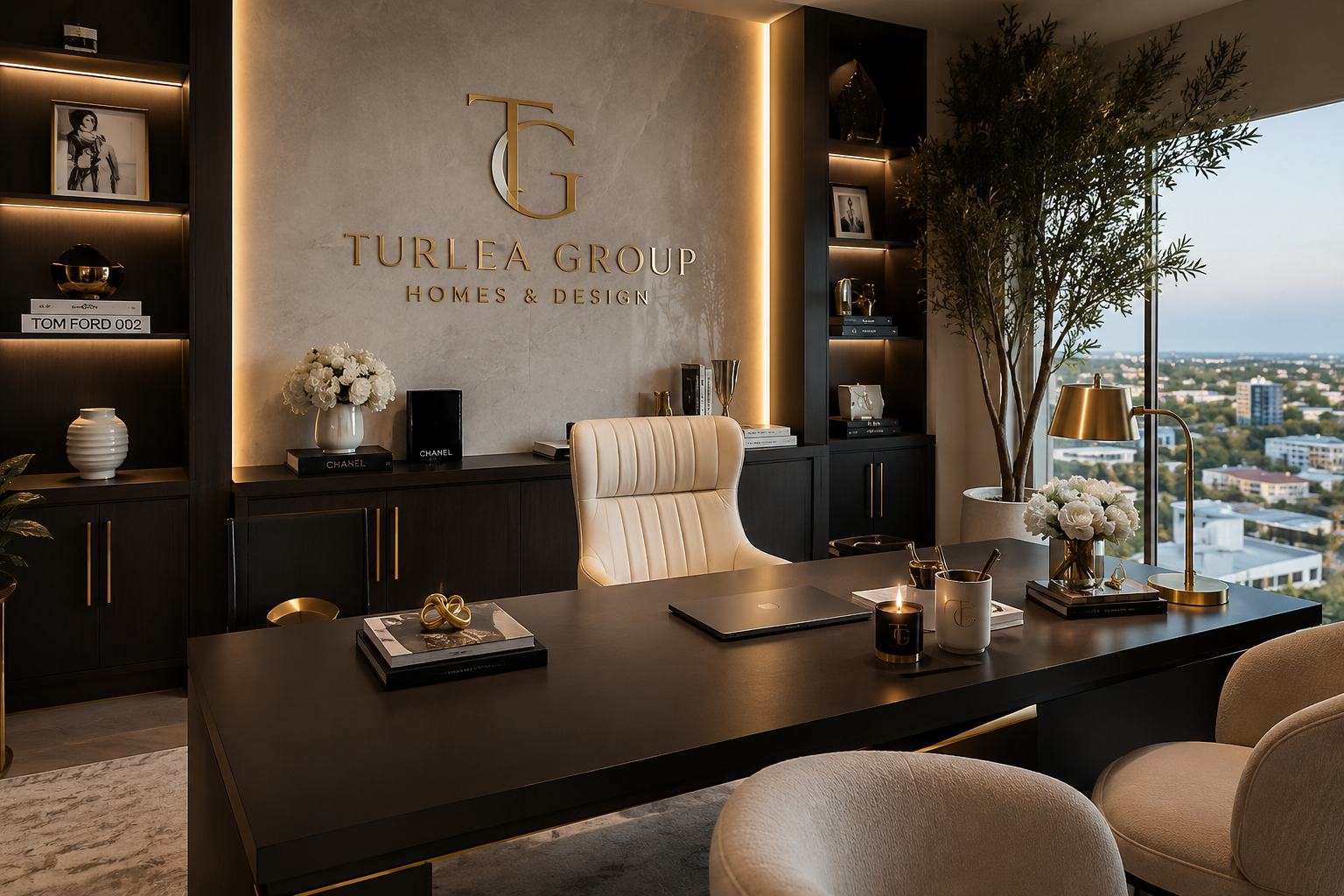 An elegant modern office with a black desk, white leather chair, and dark wood bookshelves filled with decorative items and books. The wall behind features a light-colored panel with the logo of Turlea Group Homes & Design. A large window offers a view of a cityscape with buildings and greenery. Gold accents include a desk lamp, decorative objects, and handles on the cabinetry.