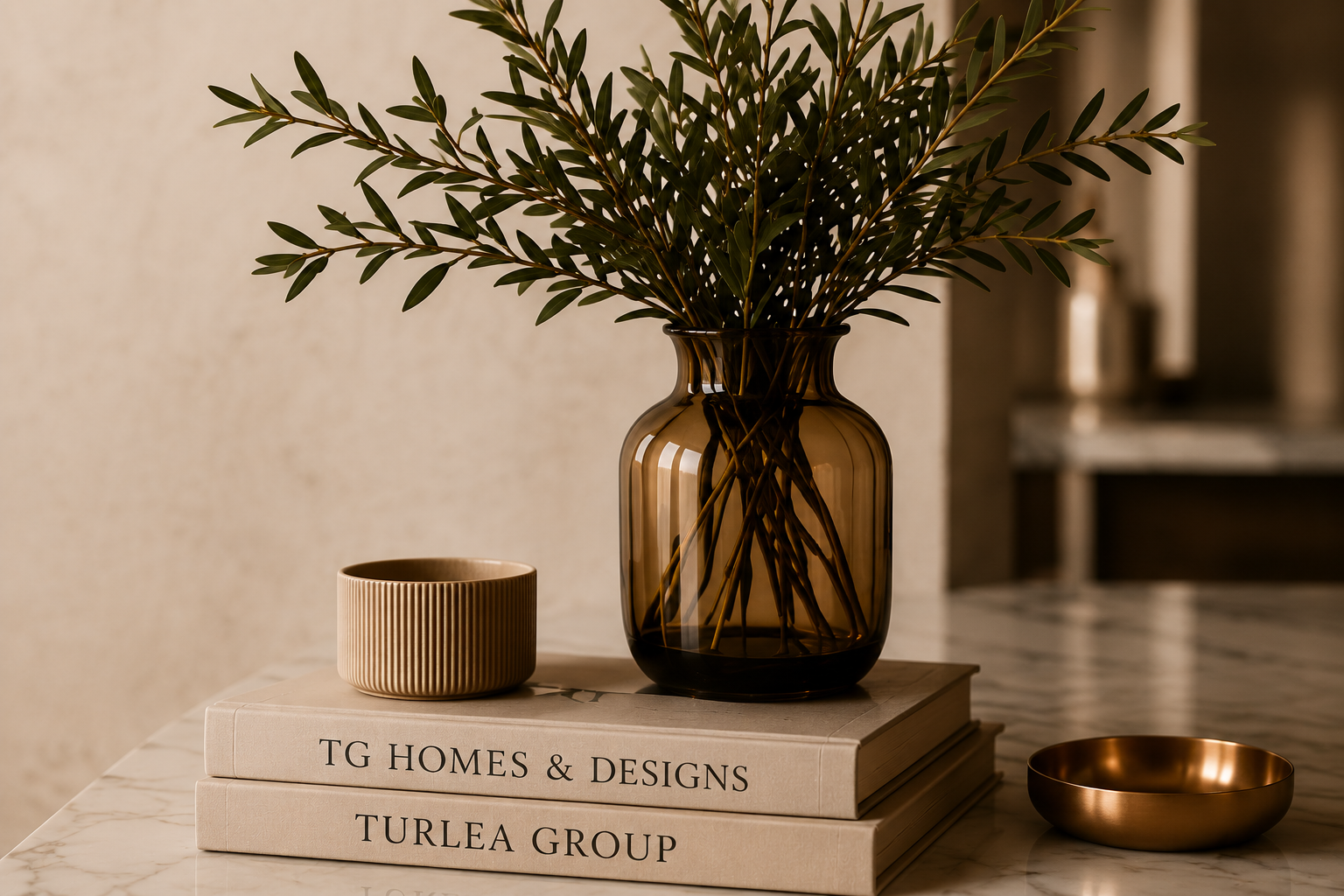 Custom luxury built-in shelving styled with books, artwork, decorative objects, greenery, and ambient lighting in a sophisticated modern interior.