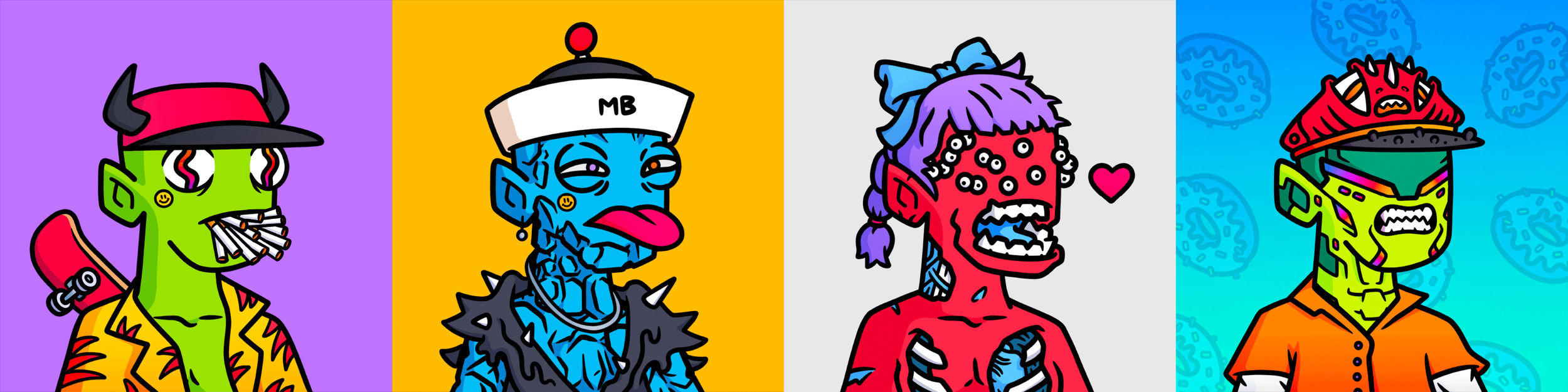 Four cartoon characters. The first is a green zombie with red and black hat, smoking a cigarette. The second is a blue zombie with a white hat labeled 'MB', sticking out his tongue. The third is a red zombie female with purple hair, a big blue bow, and a heart nearby. The fourth is a green zombie male with a red devil hat, sunglasses, and an orange shirt.