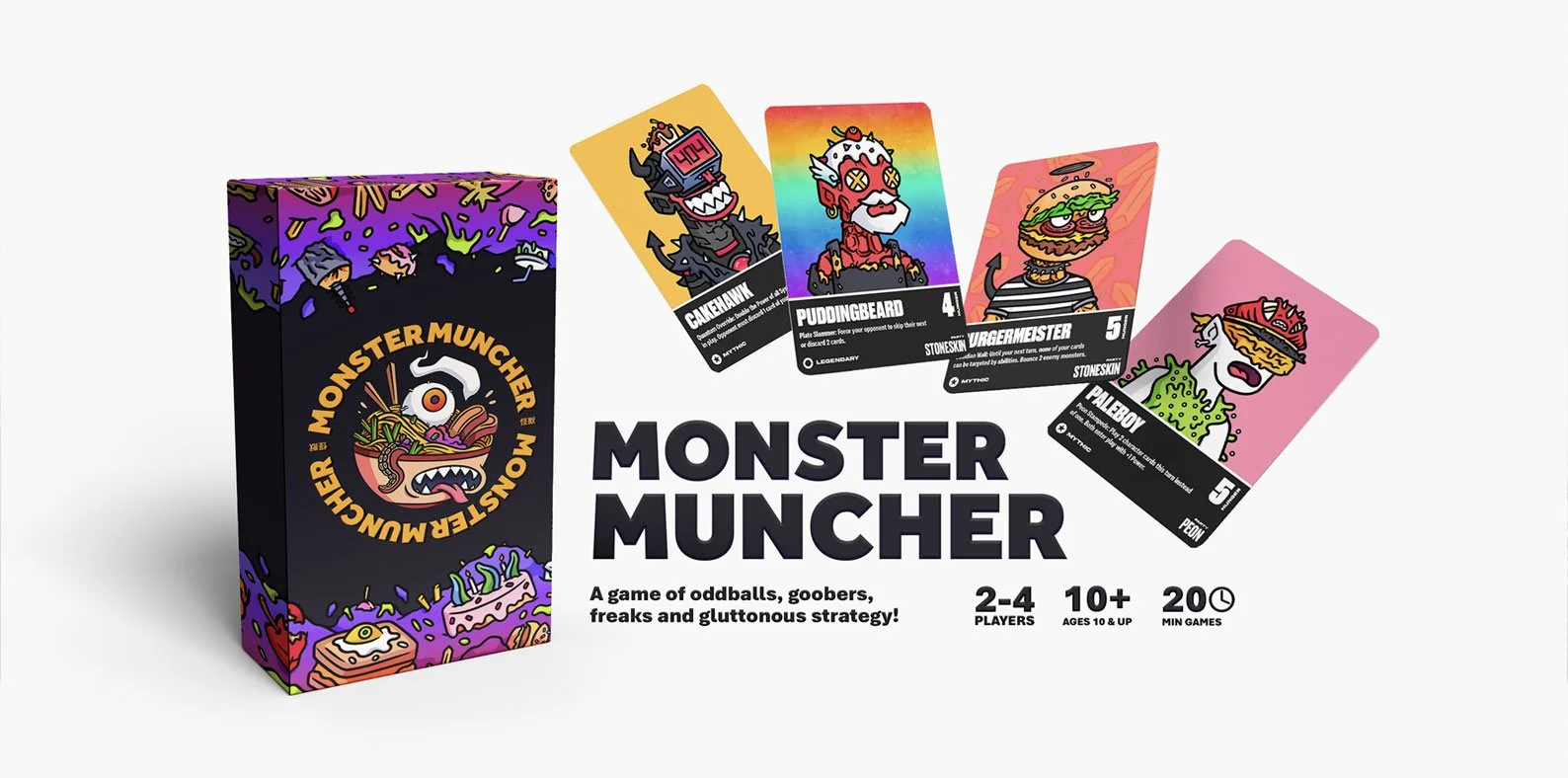Box of Monster Muncher game with illustrated monster cards titled Cakehawk, Puddingbeard, Burgermeister, and Paleon, with game details for 2-4 players, ages 10 and up, 20 minutes min.