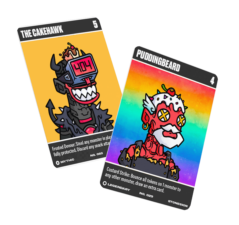 Two colorful fantasy game cards featuring cartoon monsters. One card depicts a dark, robotic monster with a digital face showing '404', labeled 'The Cakehawk', with a yellow background. The other card shows a whimsical, red creature with a white beard and a rainbow background, labeled 'Puddingbeard'.