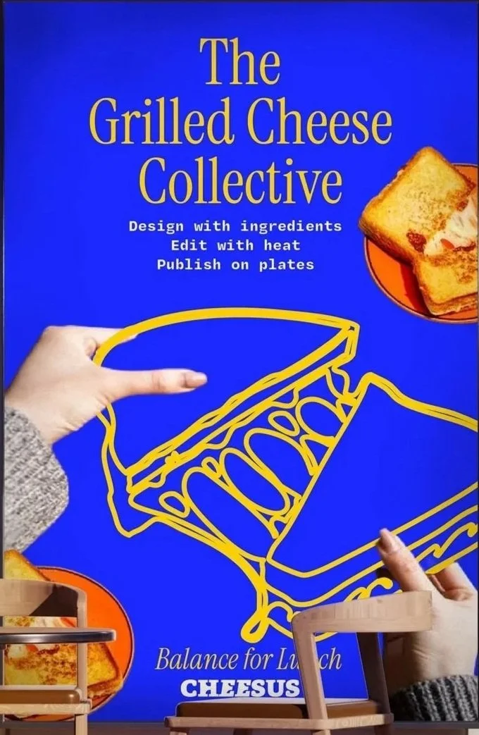 Book cover titled "The Grilled Cheese Collective" with illustrations of a grilled cheese sandwich and hands making a sandwich, featuring a blue background and yellow outline drawings.