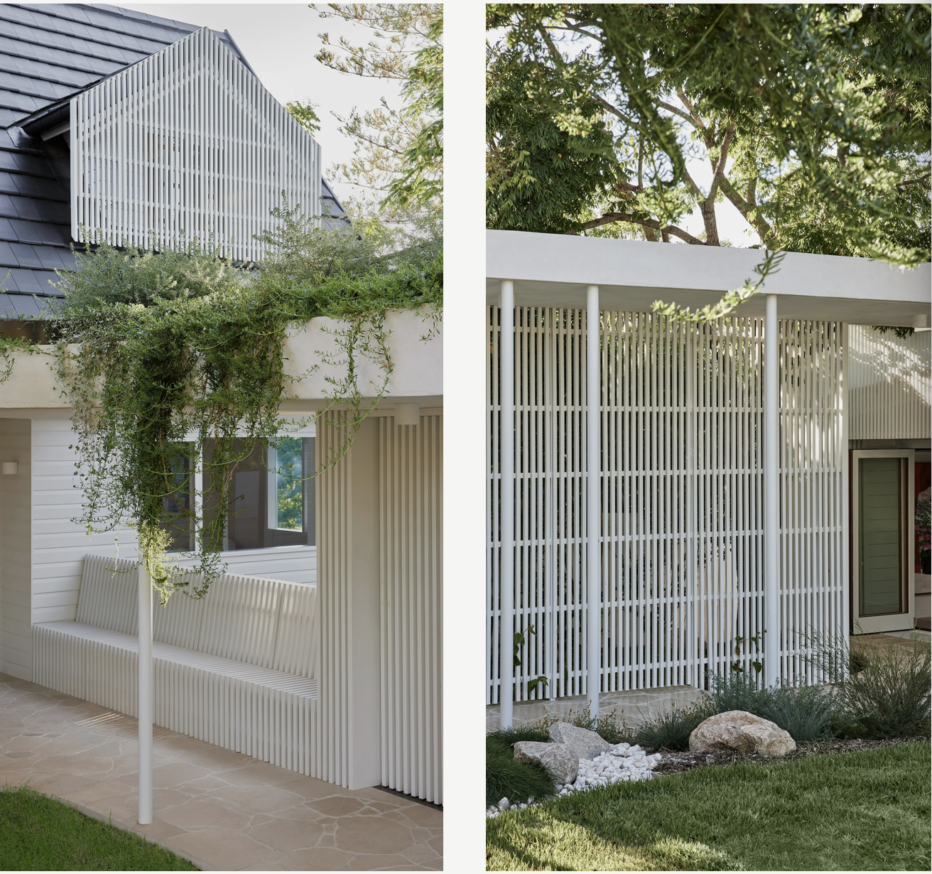 Side-by-side images of modern house exteriors with white vertical slat fencing. The left shows a house with a bench integrated into the fence, greenery overhead, and a stone-paved patio. The right features a house with a similar fence design, a lands