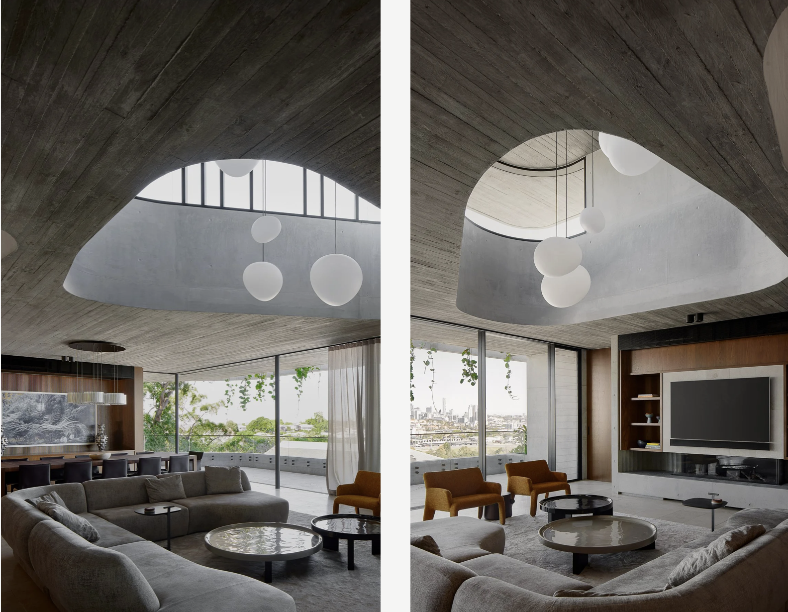 Modern living room with curved concrete ceiling featuring circular skylights and pendant lights, large windows, and contemporary furniture including a sectional sofa, armchairs, and coffee tables.