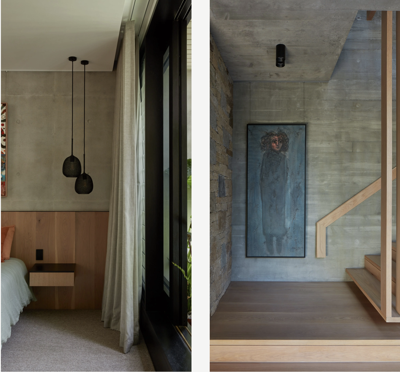 The left side shows a bedroom corner with a bed, a nightstand, beige curtains, black pendant lights, and a window with a view outside. The right side shows a hallway with a stone accent wall, a framed art piece of a person with curly hair, a wooden s