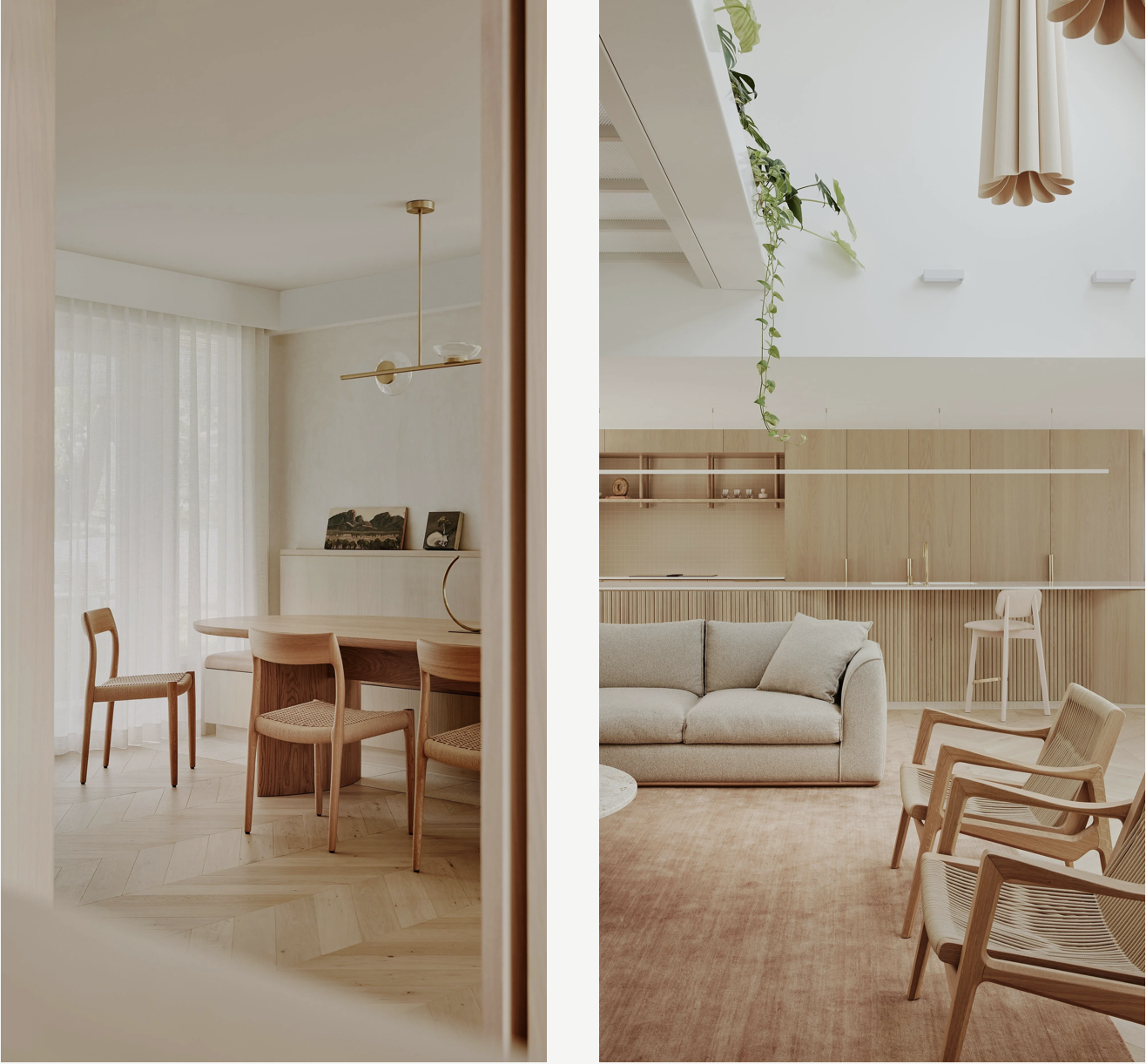 Interior of a modern, minimalist living and dining room area with light wood furniture, beige sofa, chairs, and natural light streaming through sheer curtains.