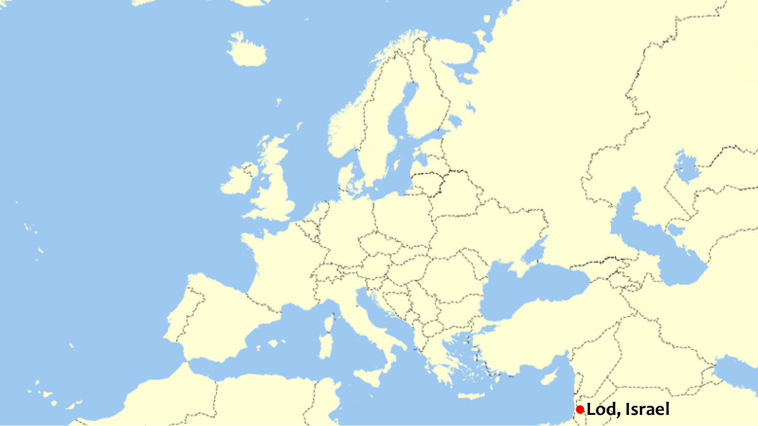 Map of Europe with Lod, Israel marked with a red dot