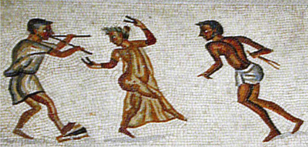 Ancient mosaic of three figures