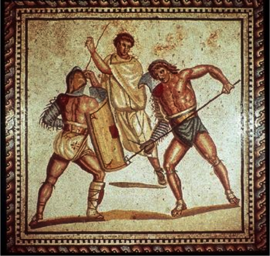 Ancient mosaic of a gladiator fight