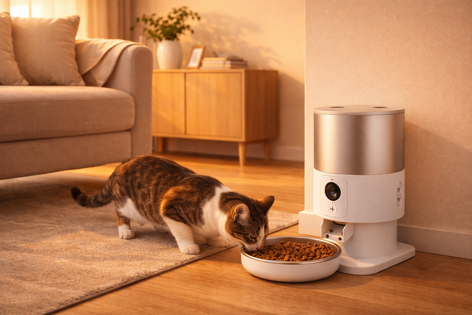 A cat eating dry pet food from a bowl next to an automatic pet feeder in a cozy living room.