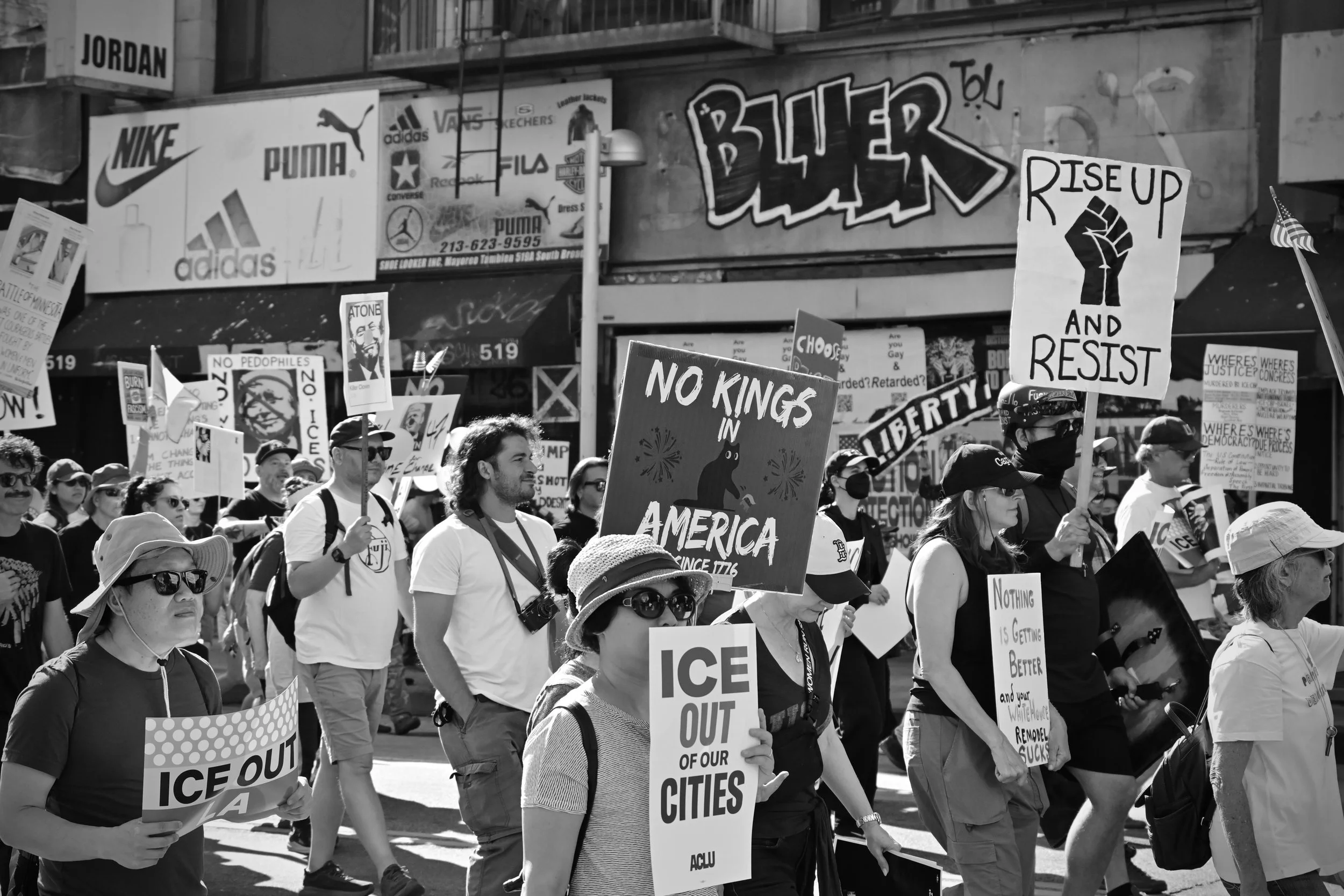 Protesters marching through downtown Los Angeles. (Los Angeles, 2026)