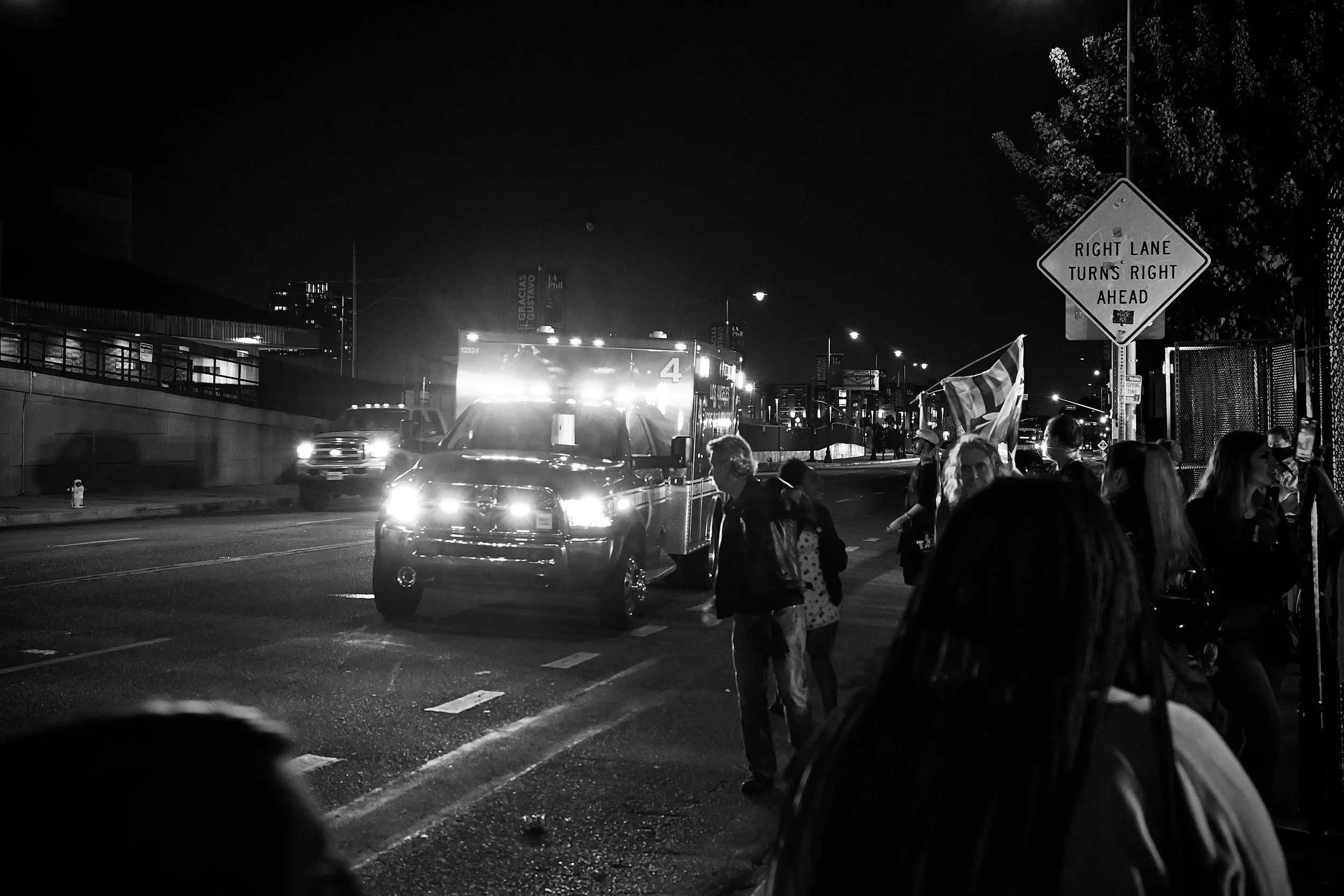 An ambulance arrives at the Los Angeles Detention Center following a forceful arrest. (Los Angeles, 2025)